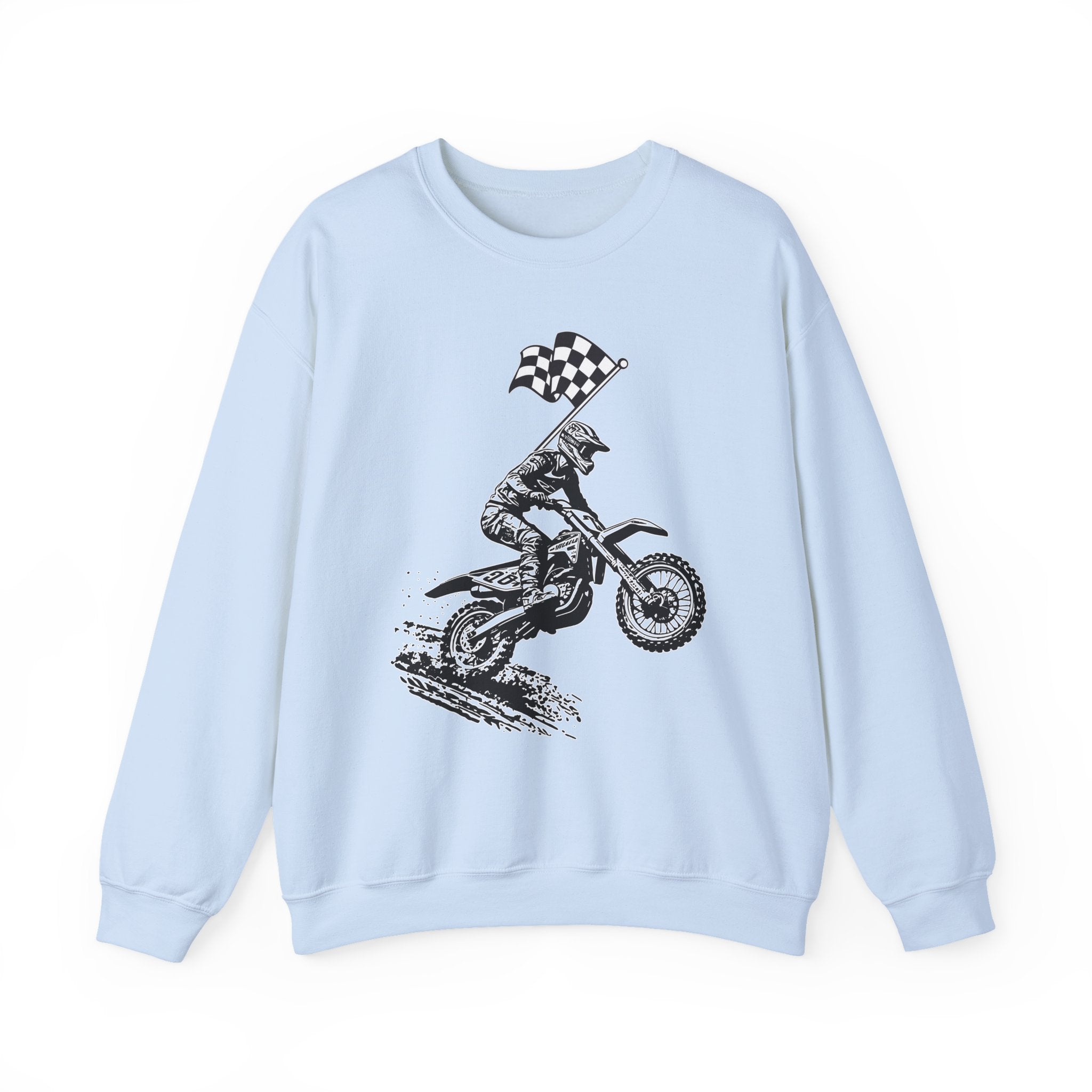 Light blue sweatshirt with a graphic of a person on a dirt bike and checkered flag, on a white background.