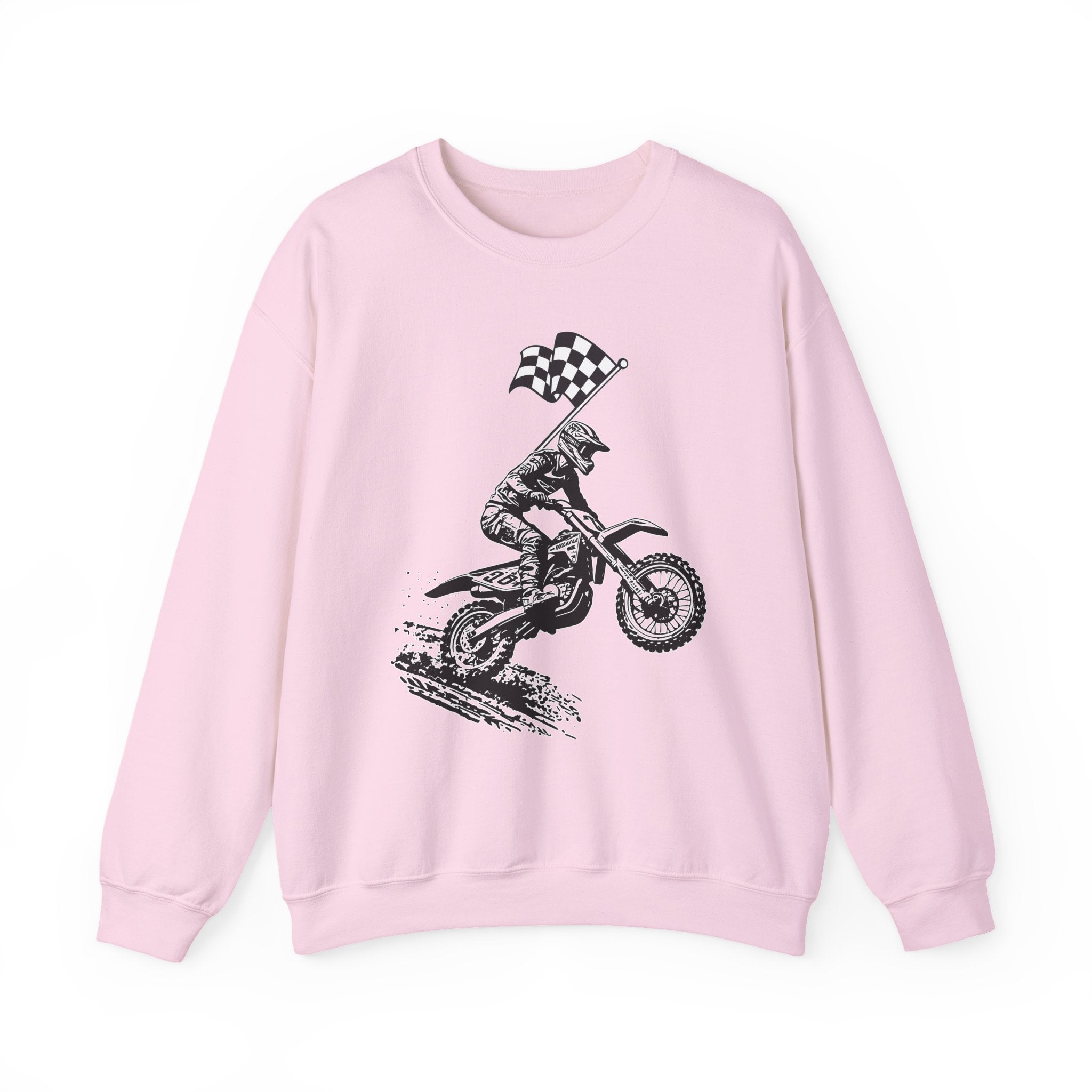 Light pink sweatshirt with a graphic of a person on a dirt bike holding a checkered flag on a white background