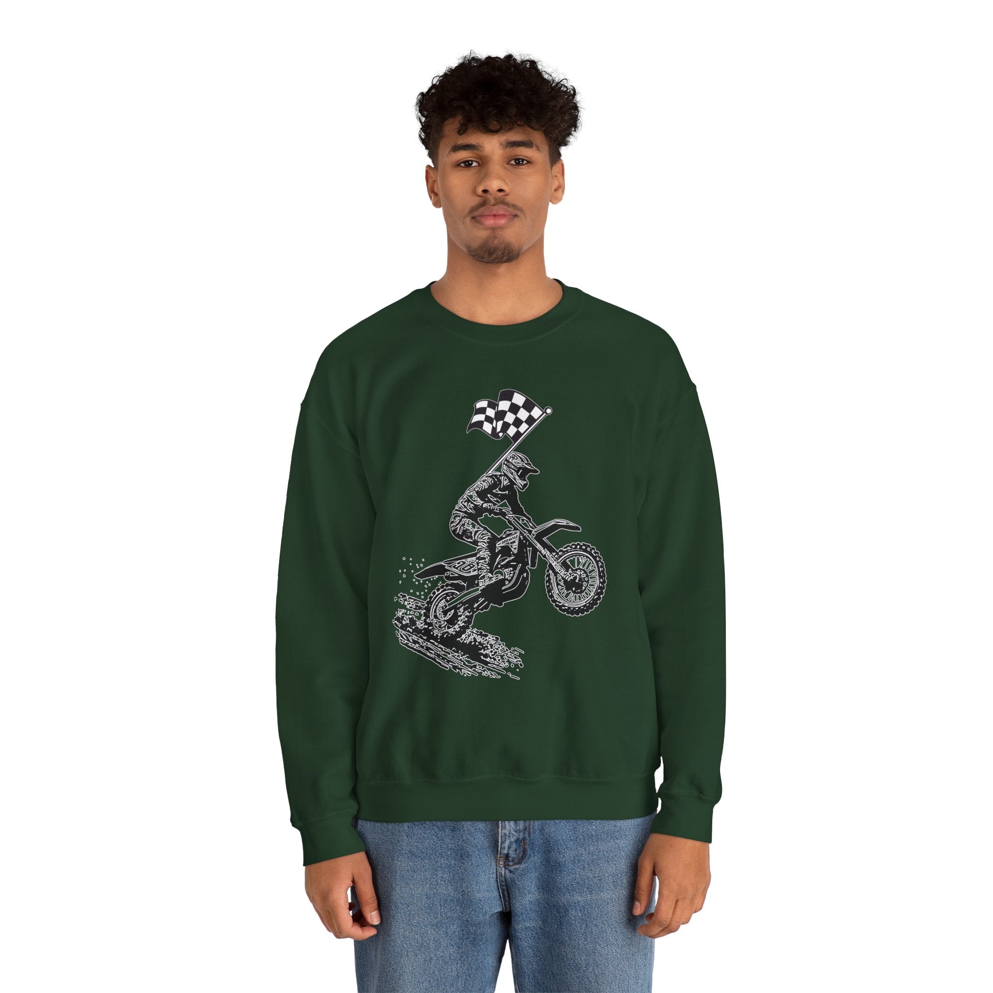 Person wearing a green sweatshirt with a graphic design on a white background