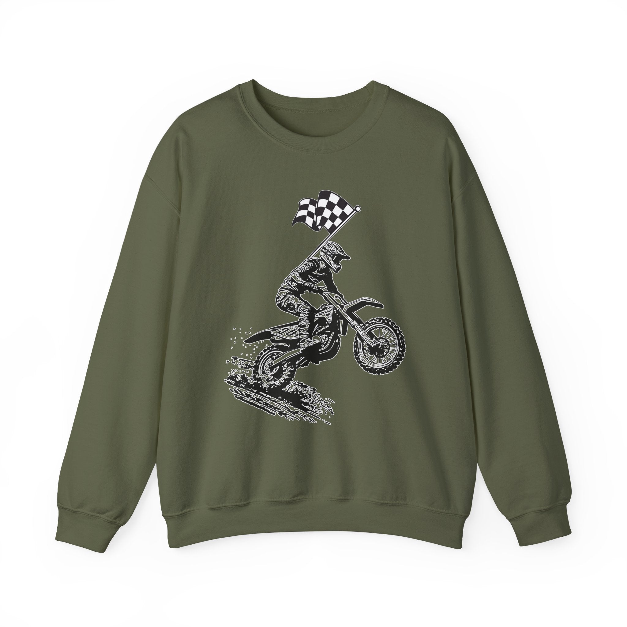 Military green sweatshirt with a graphic of a motocross rider and checkered flag on a white background