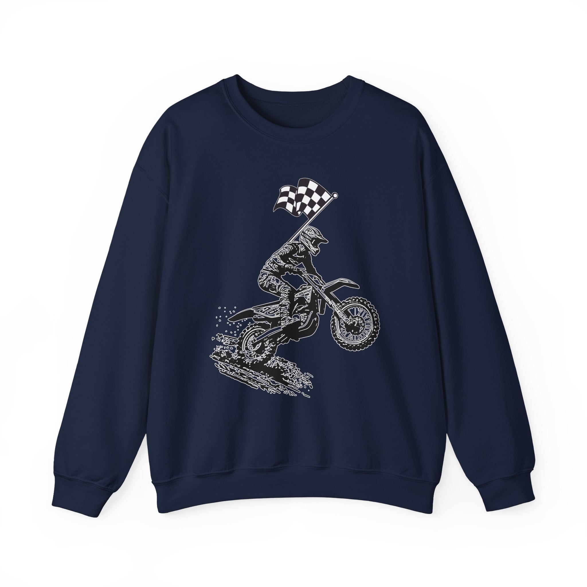 Navy blue sweatshirt with a graphic of a motocross rider and checkered flag on a white background
