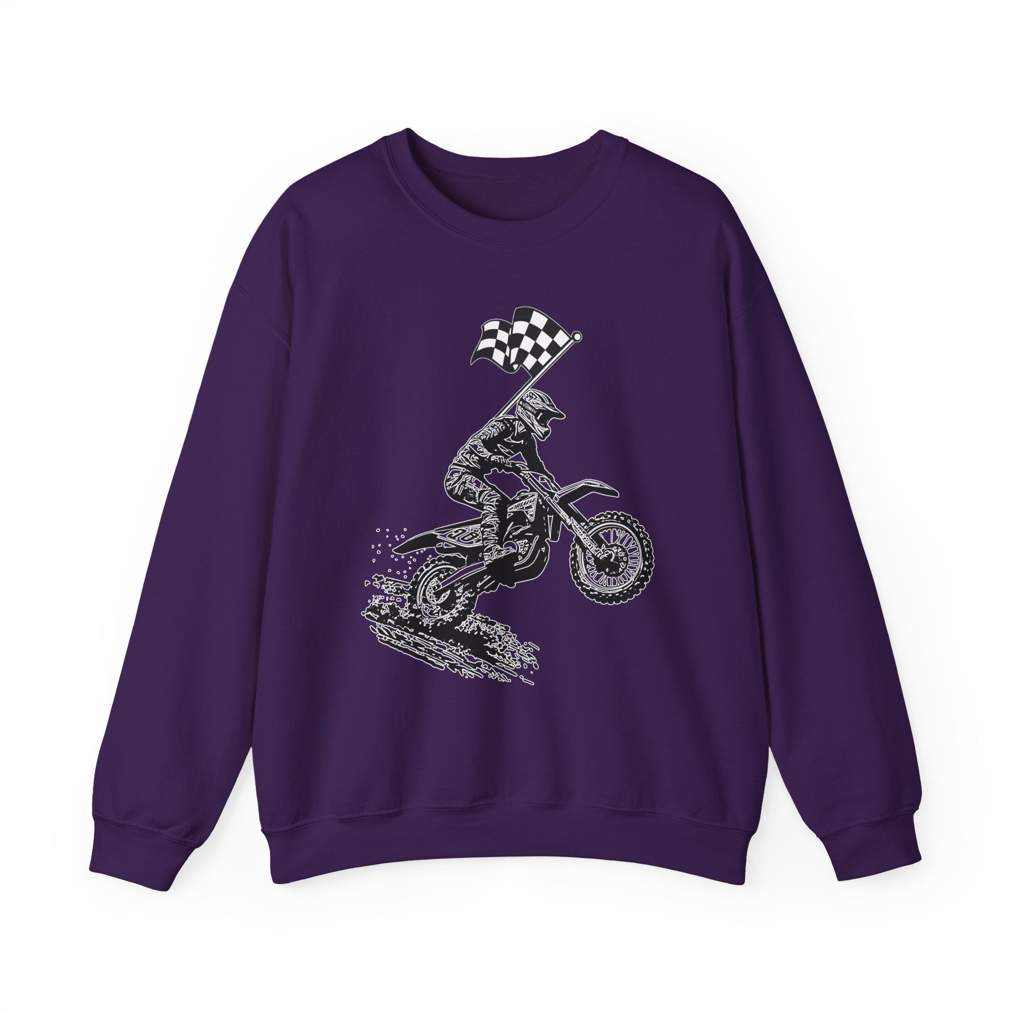 Purple sweatshirt with a graphic of a motocross rider and checkered flag on a white background