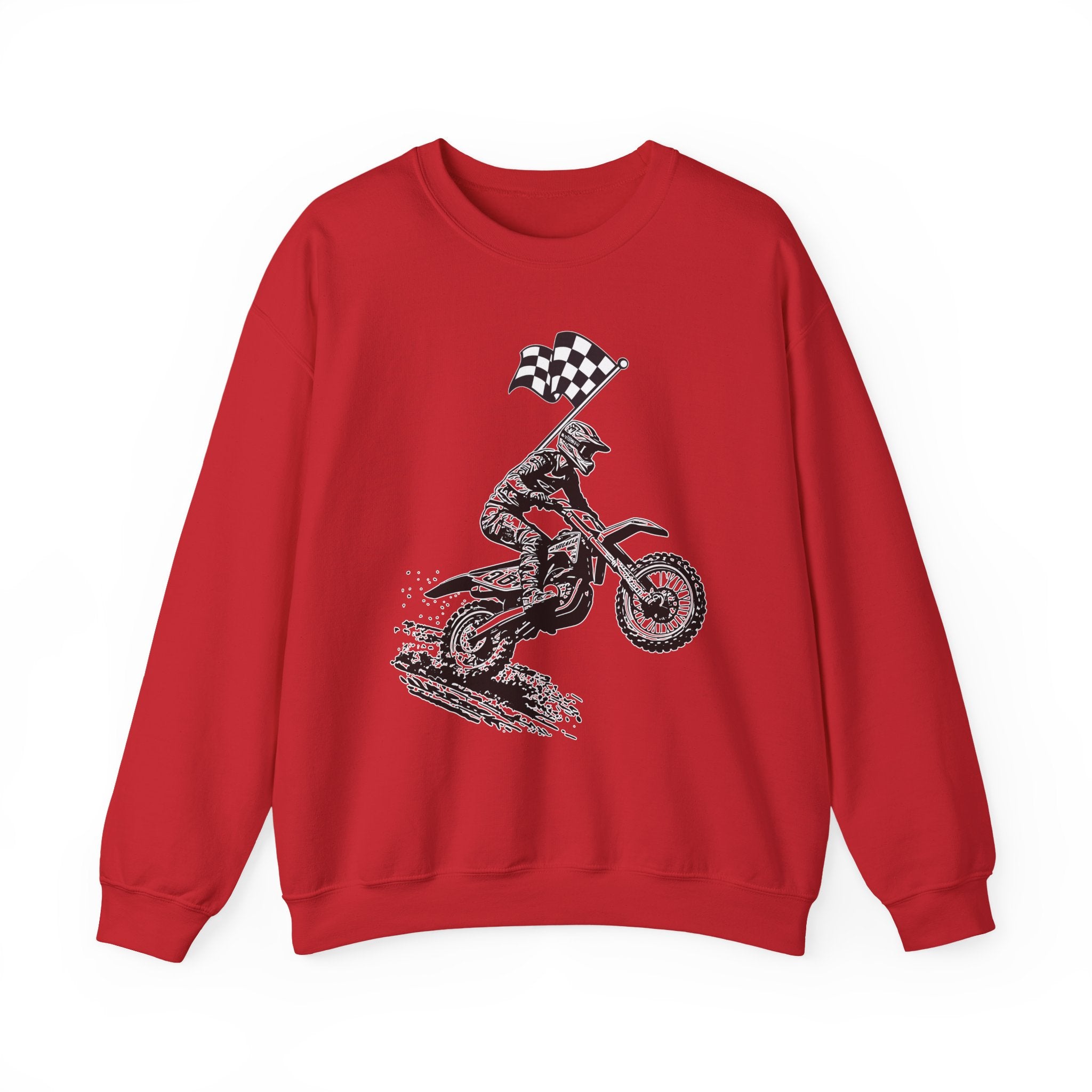 Red sweatshirt with a graphic of a motocross rider and checkered flag on a white background