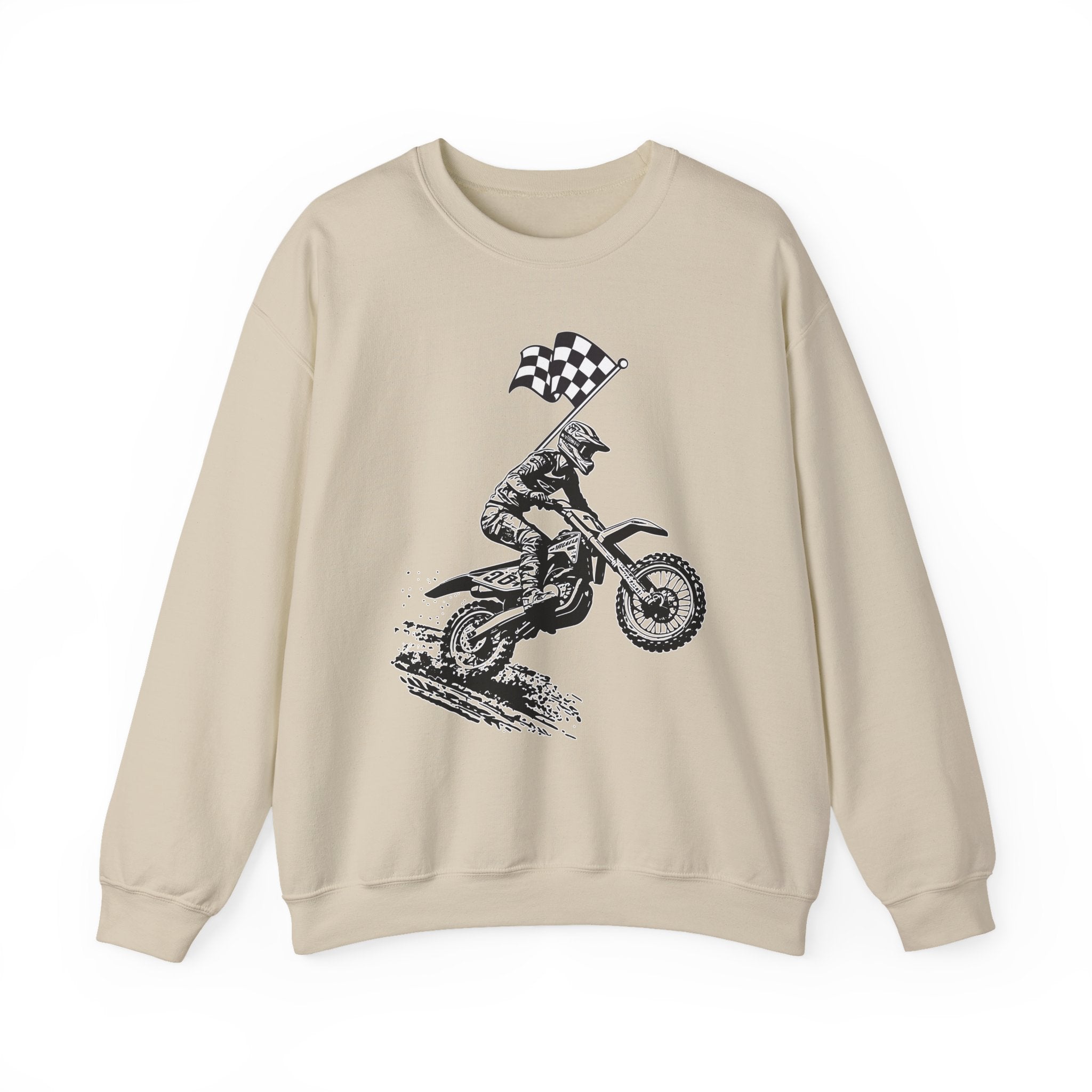 Beige sweatshirt with a graphic of a person on a dirt bike holding a checkered flag.