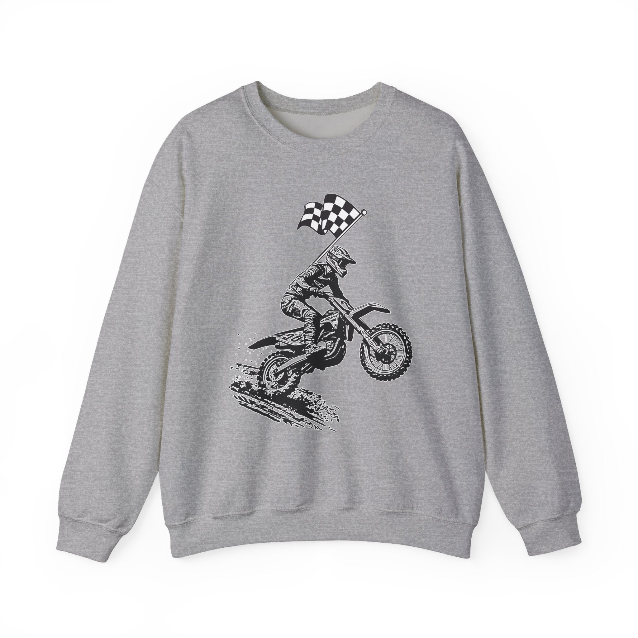 Gray sweatshirt with a graphic of a person on a motorcycle and a checkered flag.