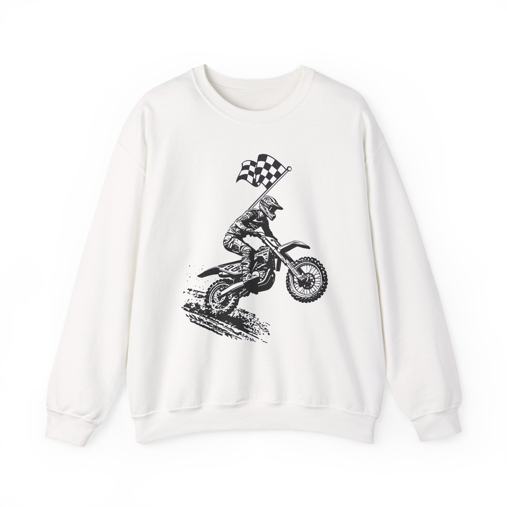 White sweatshirt with a graphic of a person on a dirt bike holding a checkered flag on a white background