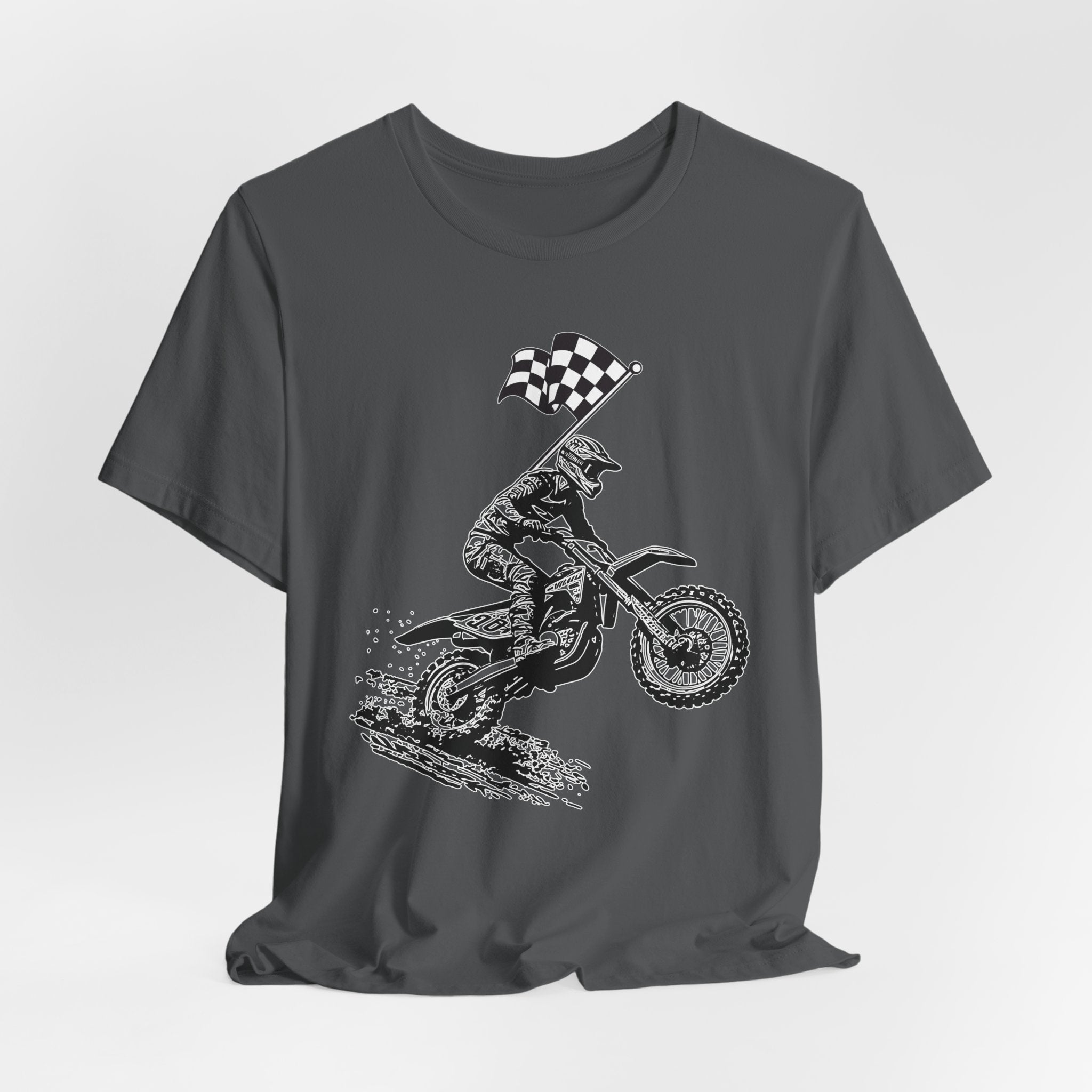 Asphalt gray t-shirt with a graphic of a extreme dirt motocross rider and checkered flag on a white background