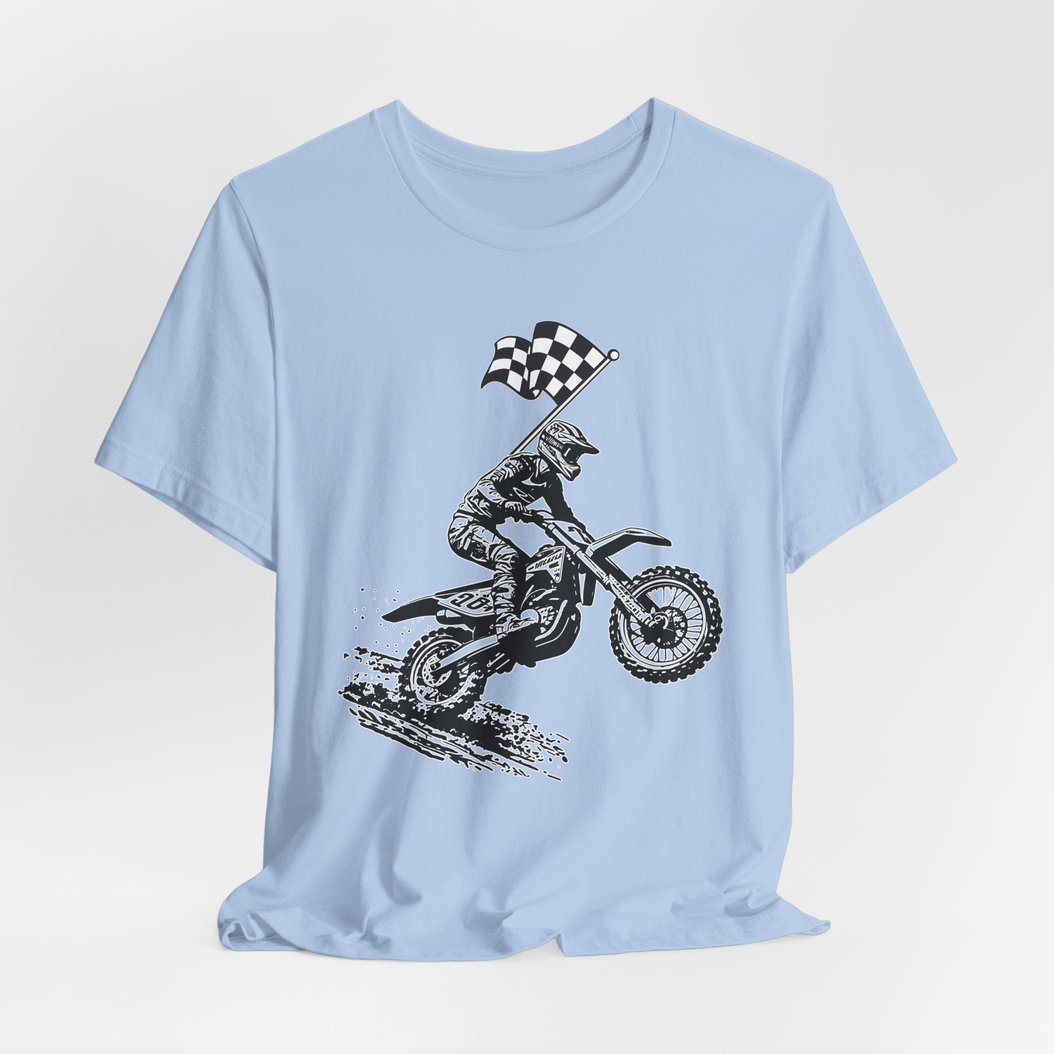 Baby light blue t-shirt with a graphic of a extreme dirt motocross rider and checkered flag on a white background
