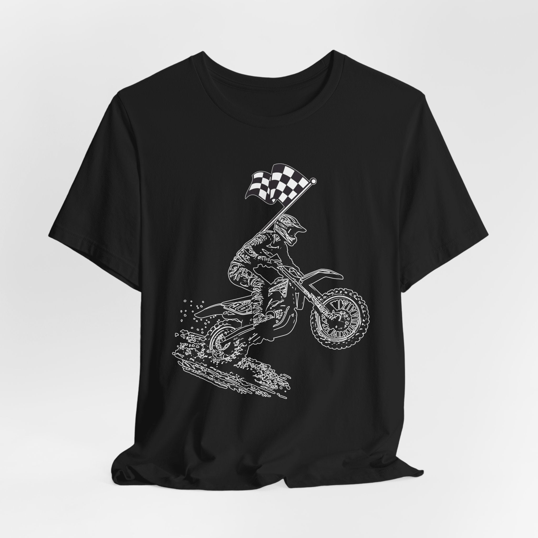Black t-shirt with a graphic of a extreme dirt motocross rider and checkered flag on a white background