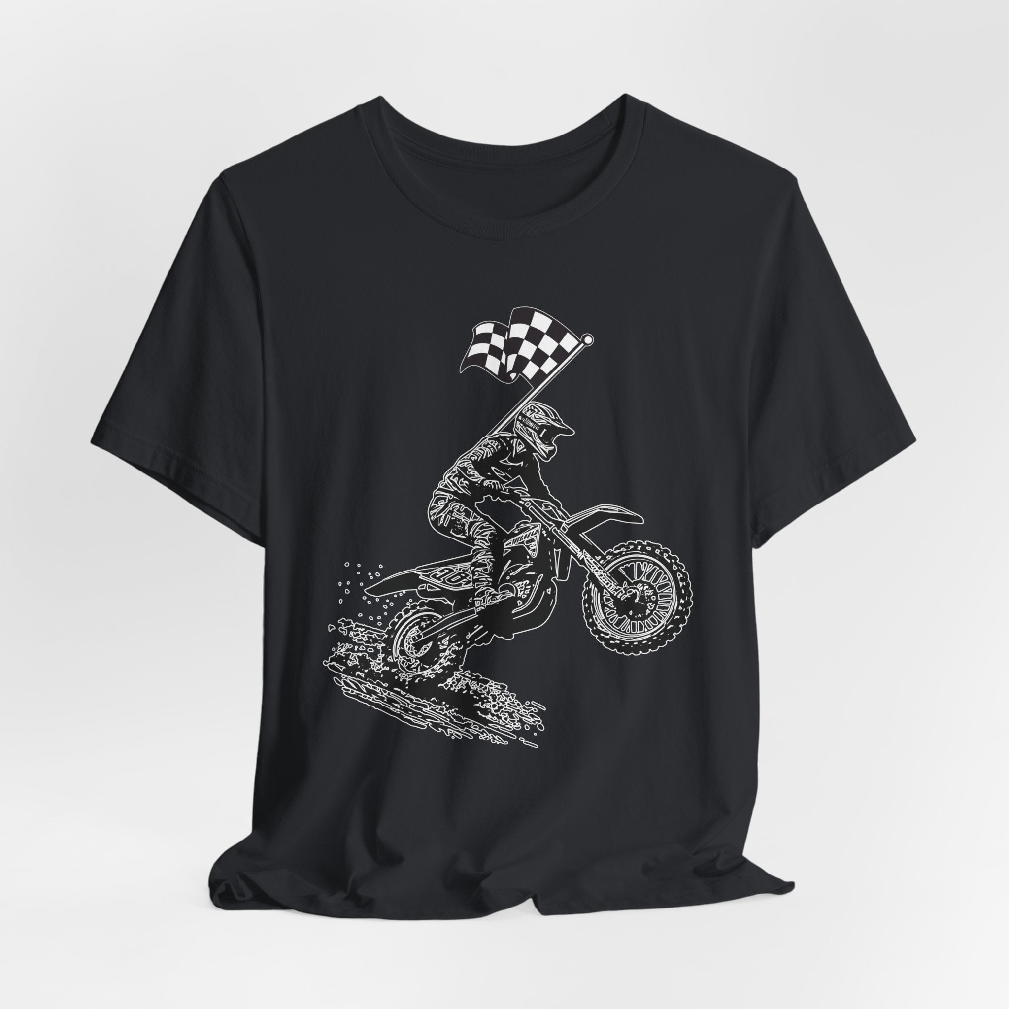 Dirty black t-shirt with a graphic of a extreme dirt motocross rider and checkered flag on a white background