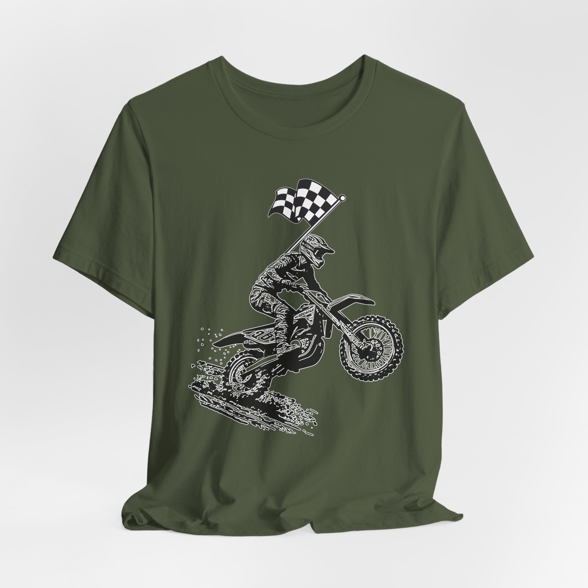 Military green t-shirt with a graphic of a extreme dirt motocross rider and checkered flag on a white background