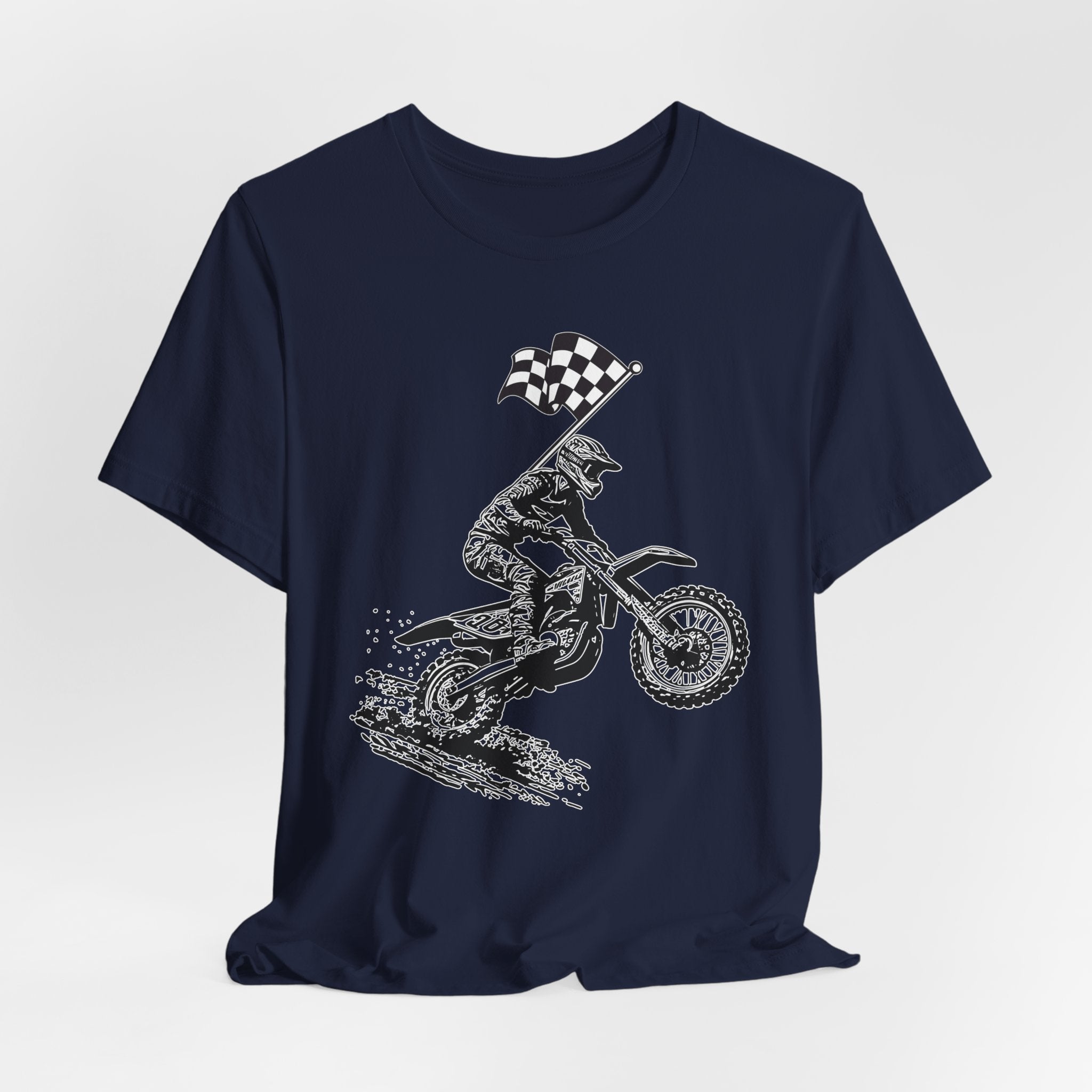 Navy blue t-shirt with a graphic of a extreme dirt motocross rider and checkered flag on a white background