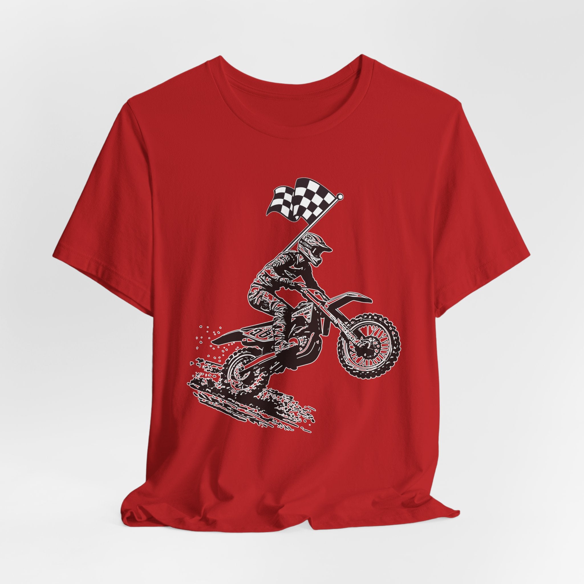 Red t-shirt with a graphic of a extreme dirt motocross rider and checkered flag on a white background