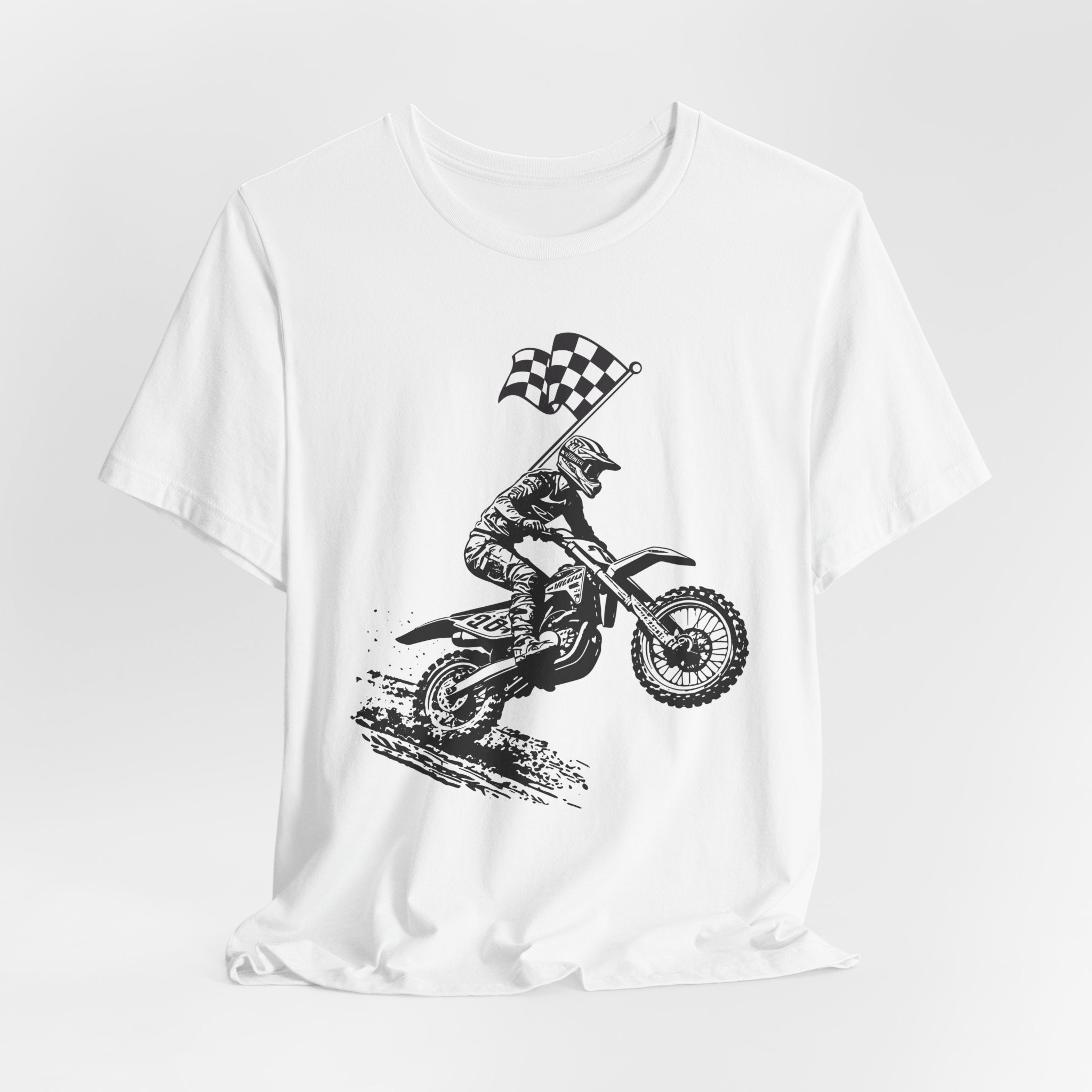 White t-shirt with a graphic of a extreme dirt motocross rider and checkered flag on a white background