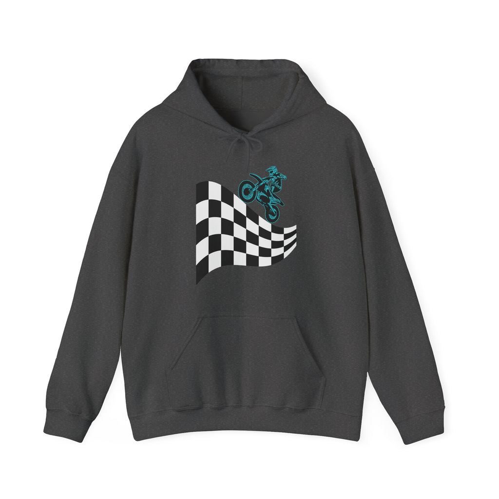 Gray hoodie with checkered flag and motorcycle graphic on a white background