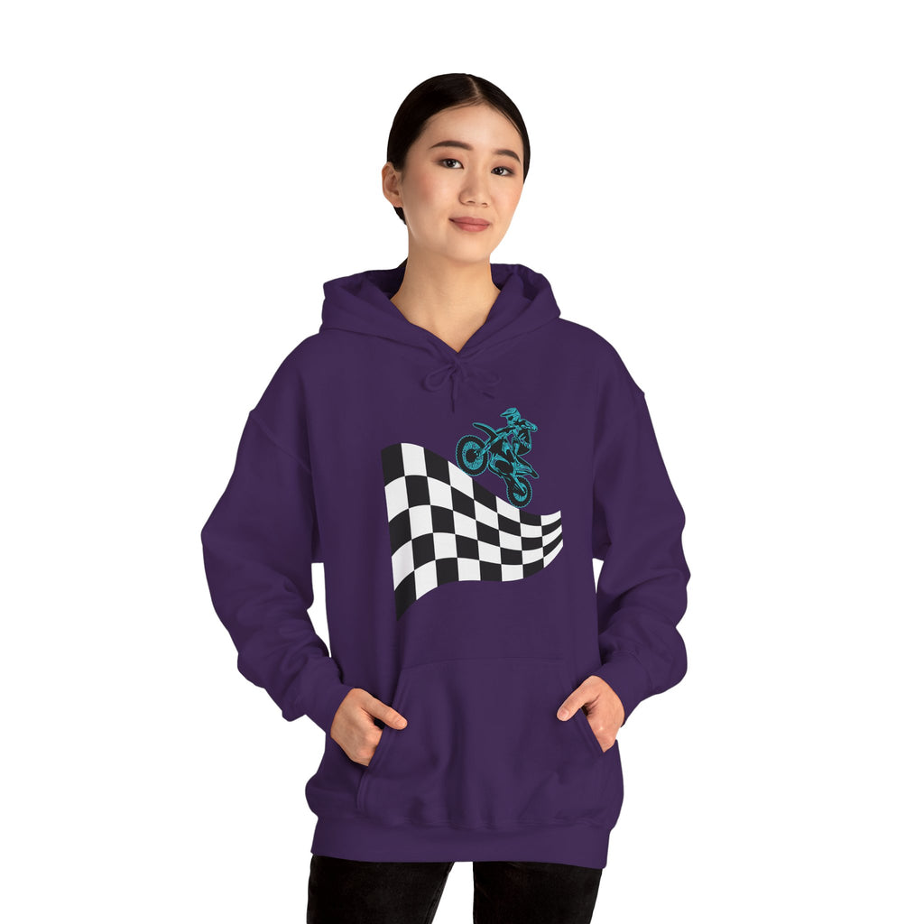 Person wearing a purple hoodie with a checkered flag and graphic design on a white background