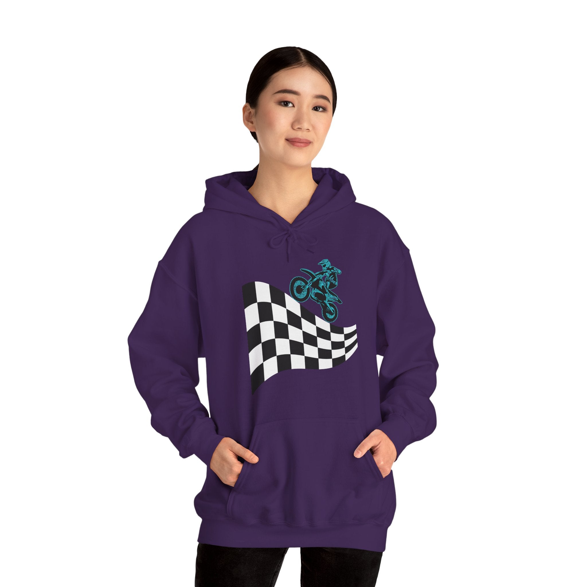 Person wearing a purple hoodie with a checkered flag and graphic design on a white background