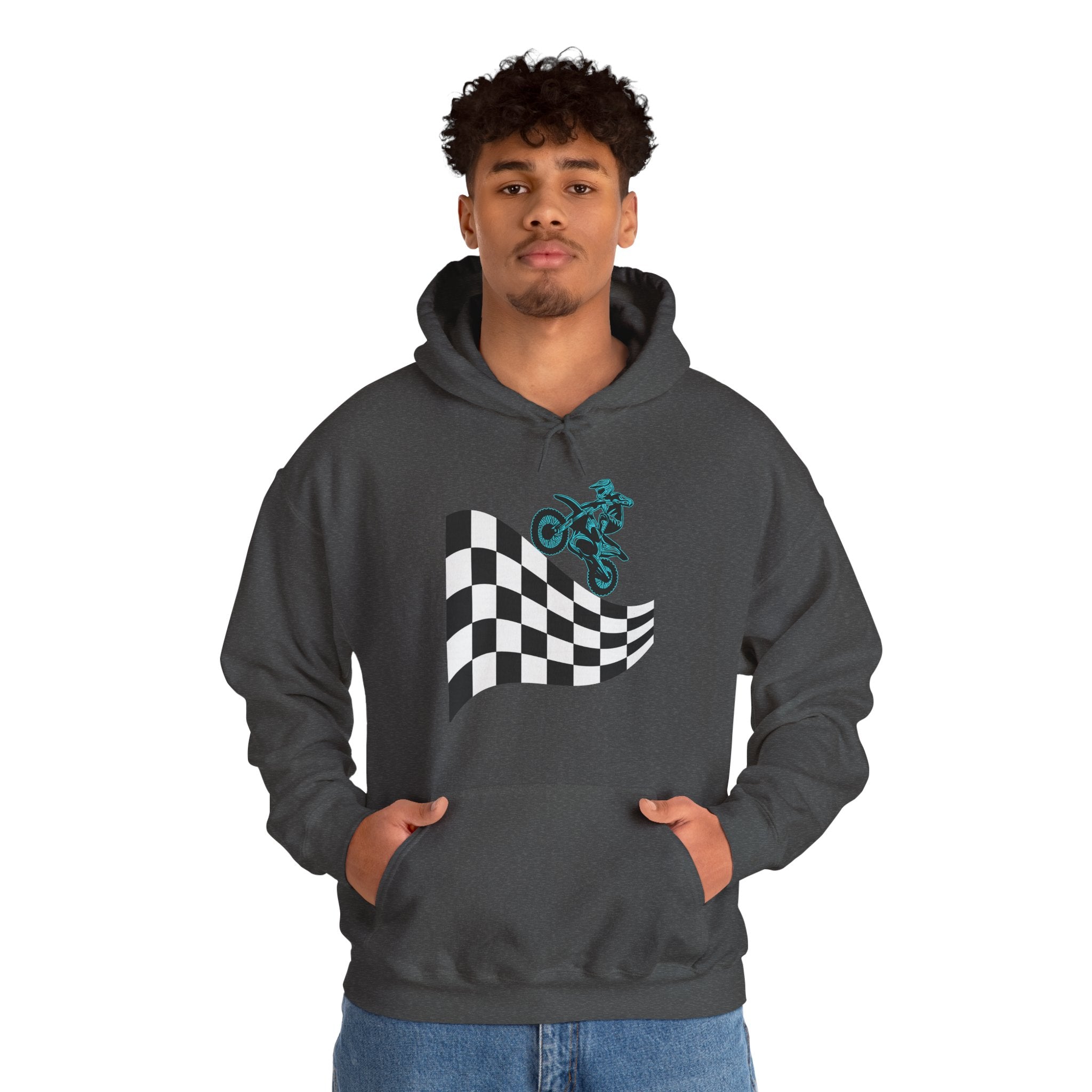 Person wearing a dark gray hoodie with a checkered flag design on a white background