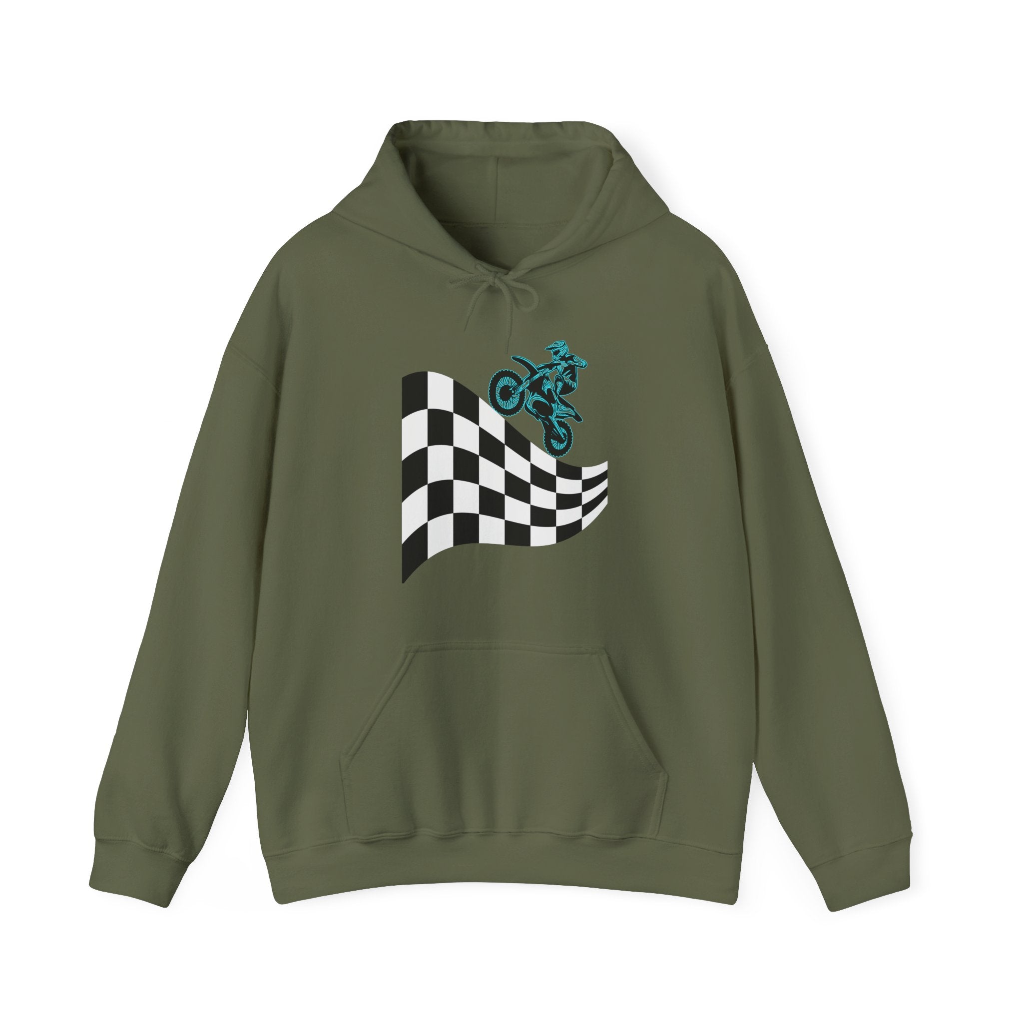 Military green hoodie with checkered flag and motorcycle graphic on a white background