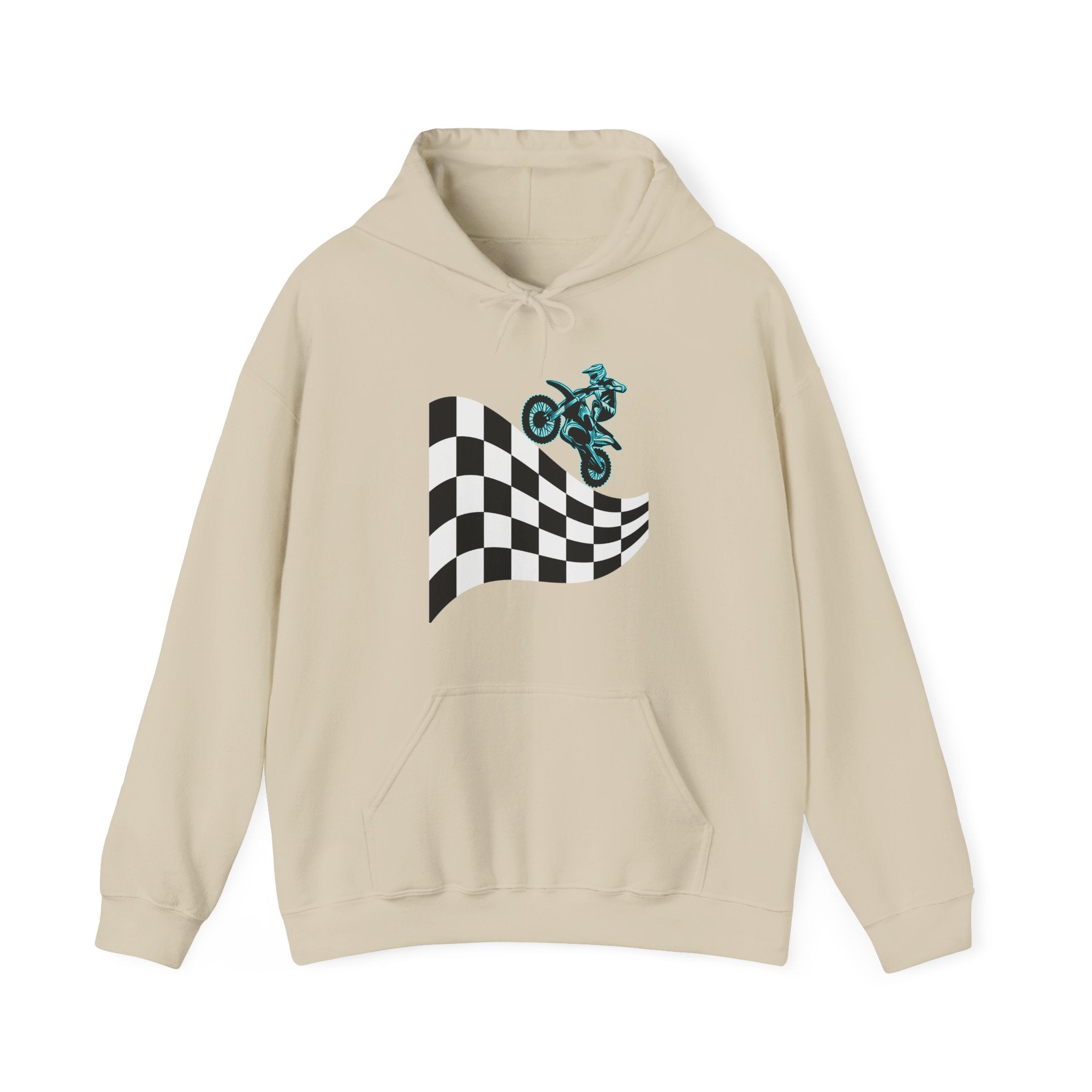 Beige hoodie with checkered flag and motorcycle graphic on a white background