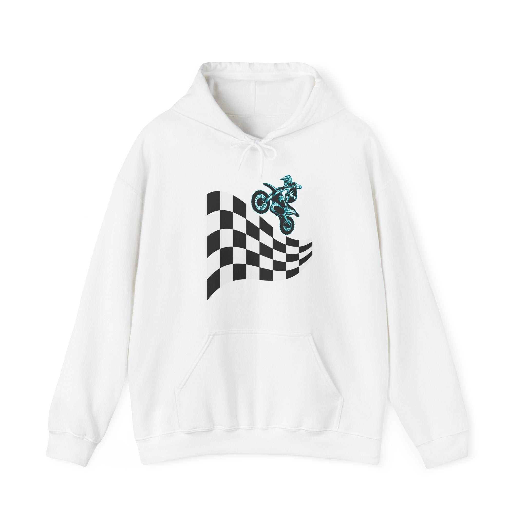 White hoodie with checkered flag and motorcycle design on a white background