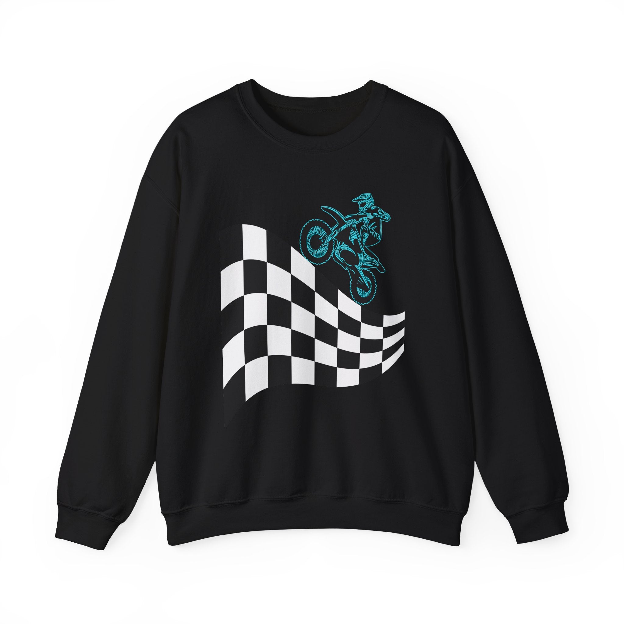 Black sweatshirt with checkered flag and motocross design on a white background