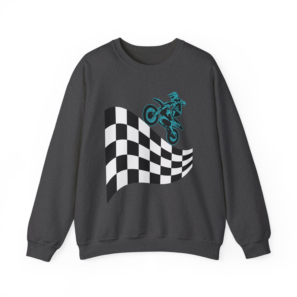 Dark heather sweatshirt with checkered flag and motocross design on a white background