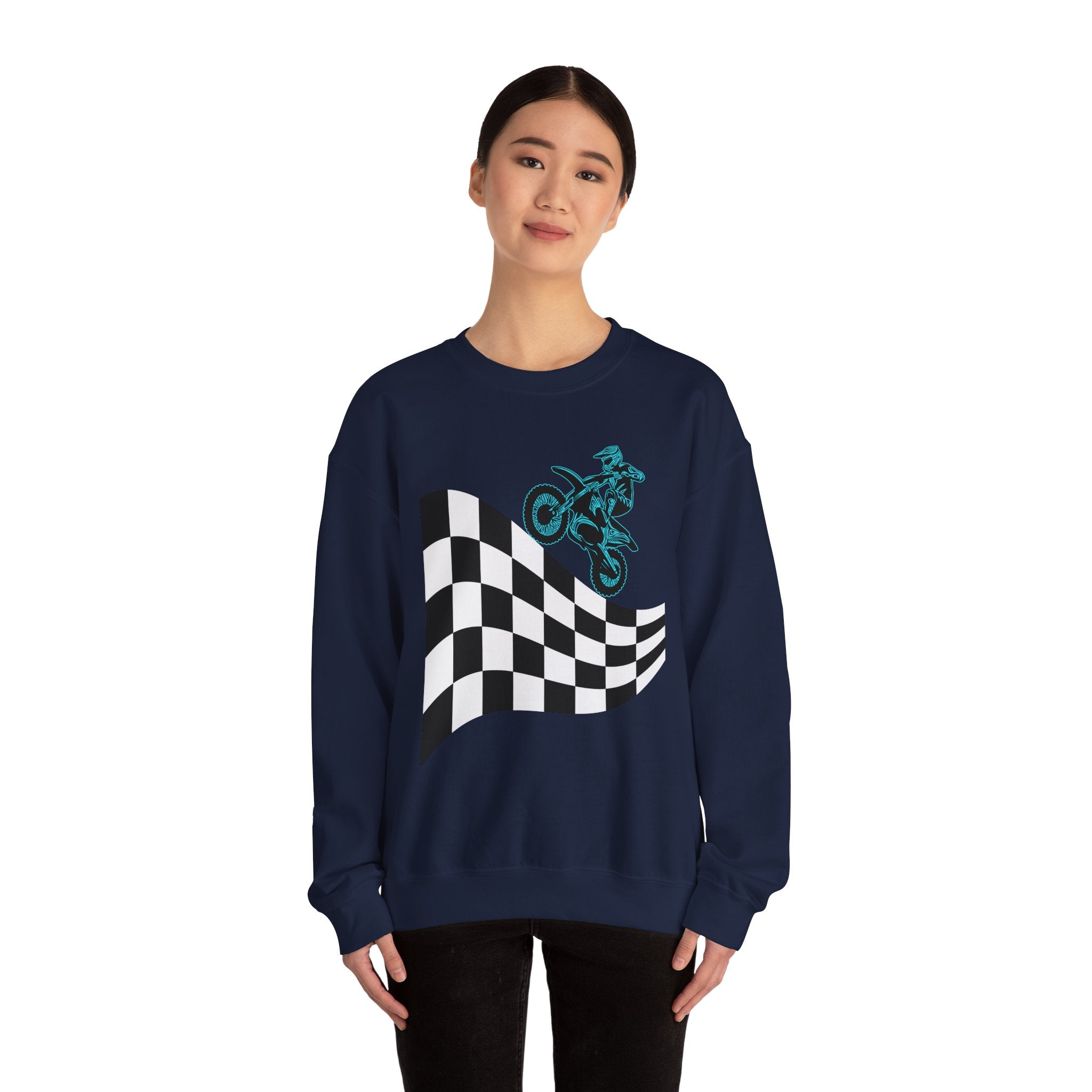 Person wearing a navy blue sweatshirt with a checkered flag and mountain bike design on a white background
