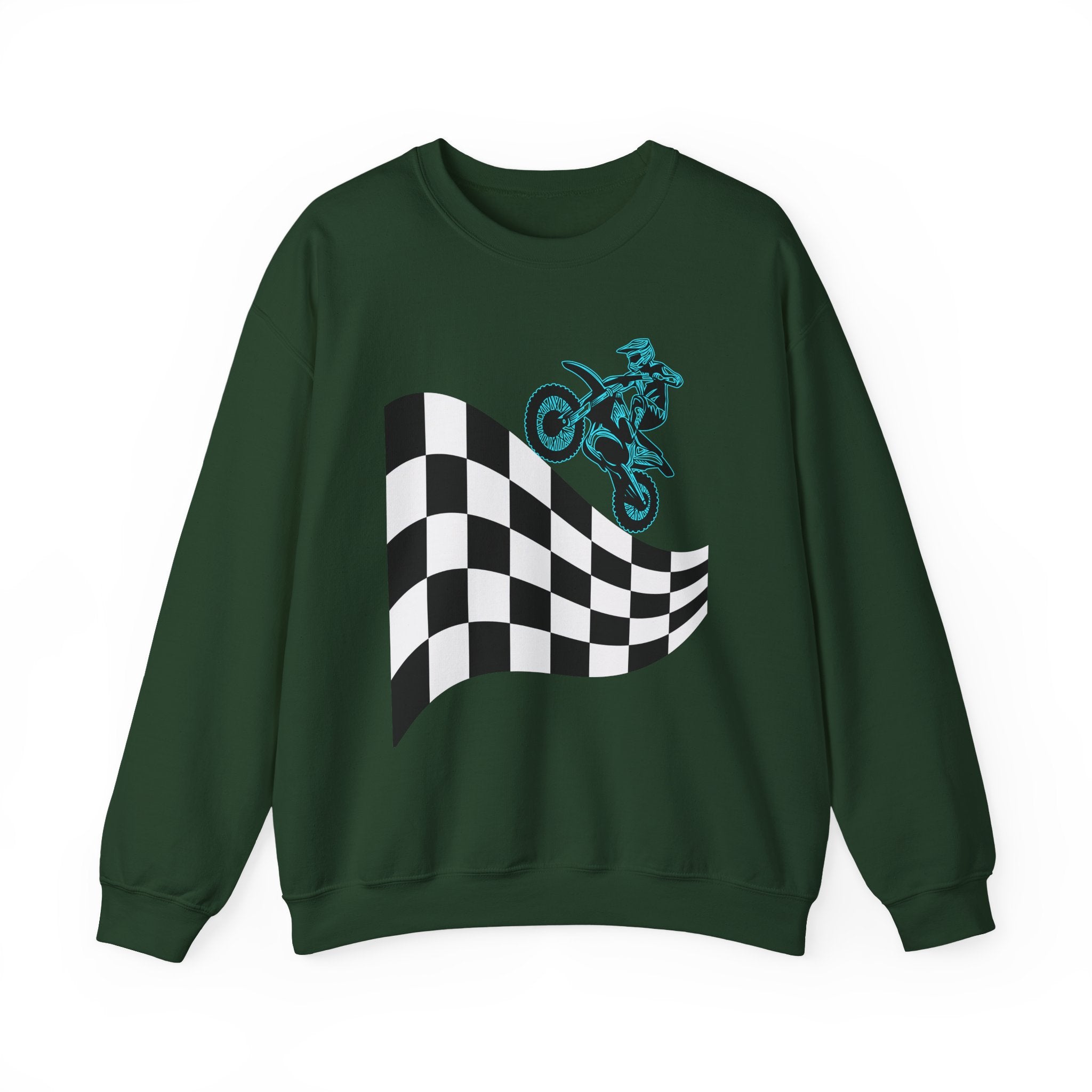Forest green sweatshirt with checkered flag and motorcycle graphic on a white background