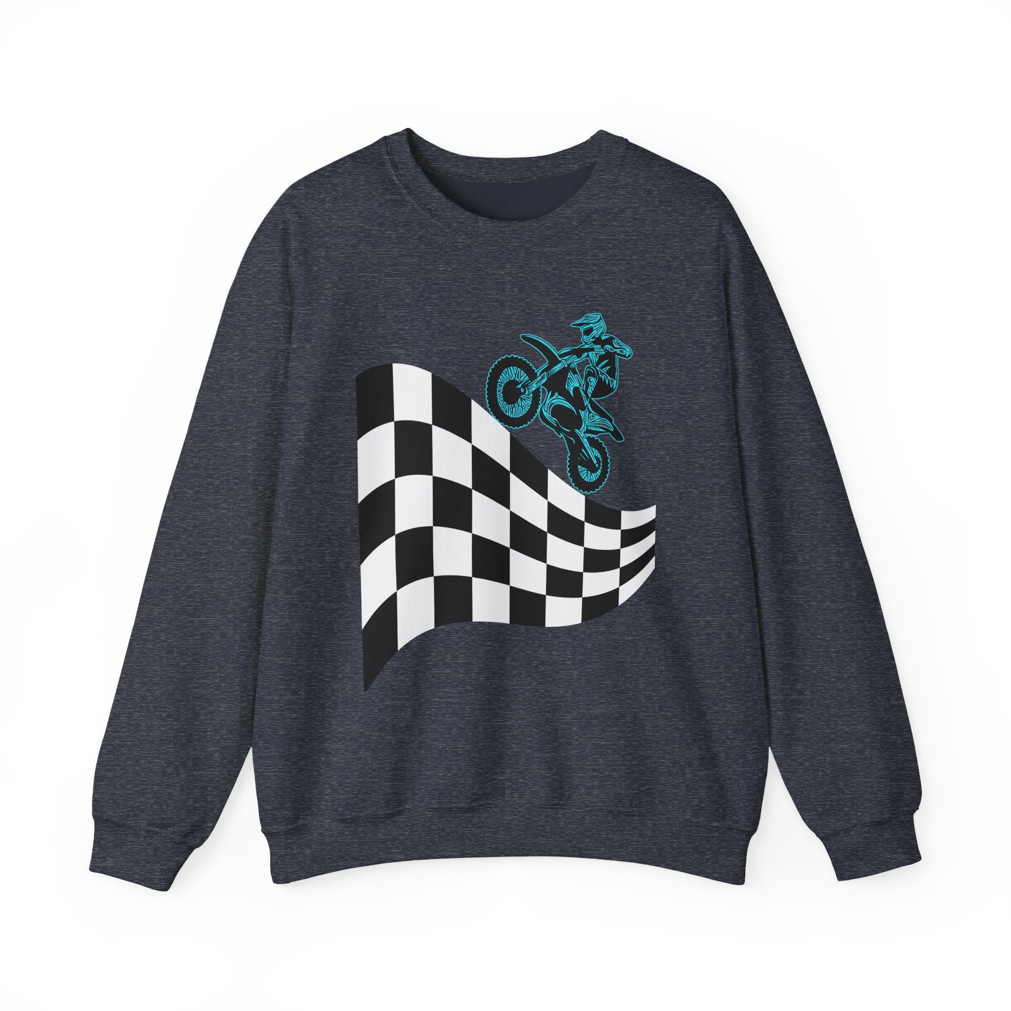 Heather sport dark navy sweatshirt with checkered flag and motocross design on a white background