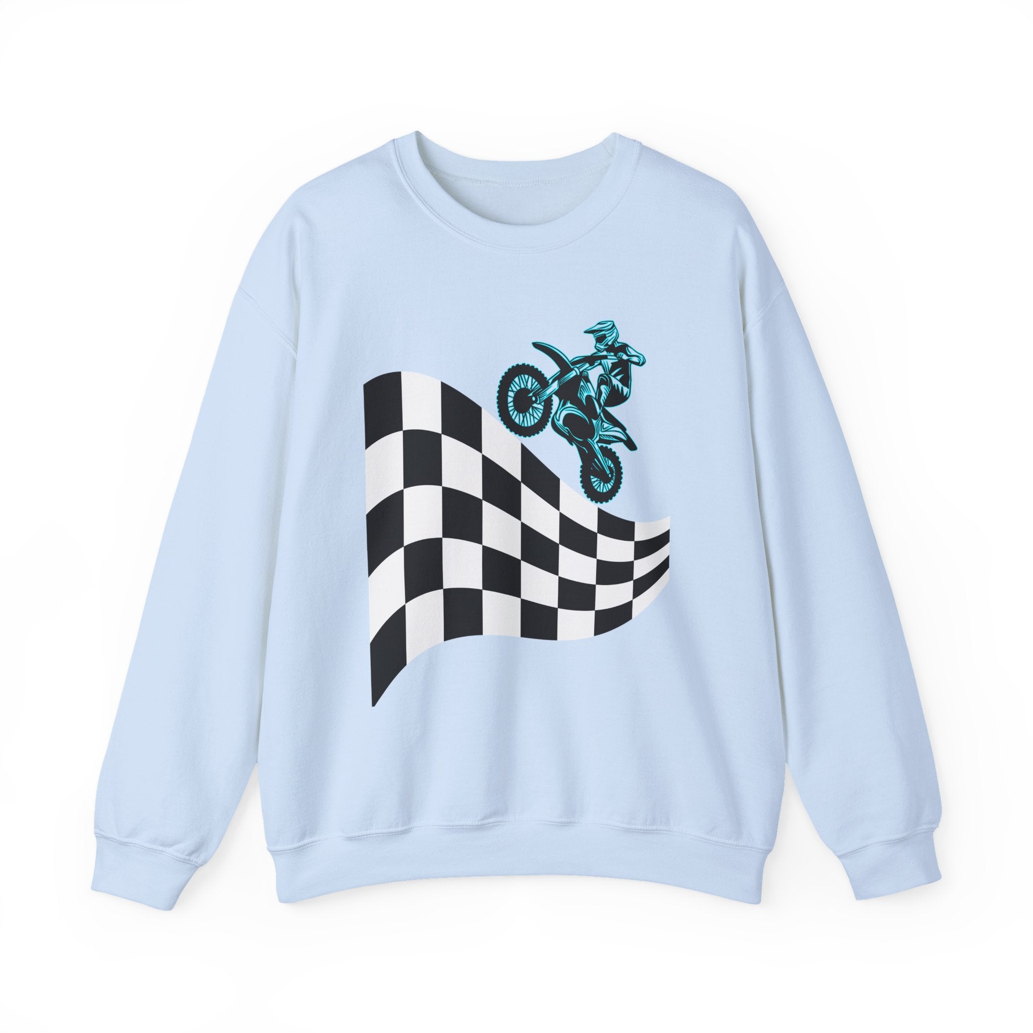 Light blue sweatshirt with a checkered flag and motocross bike design on a white background
