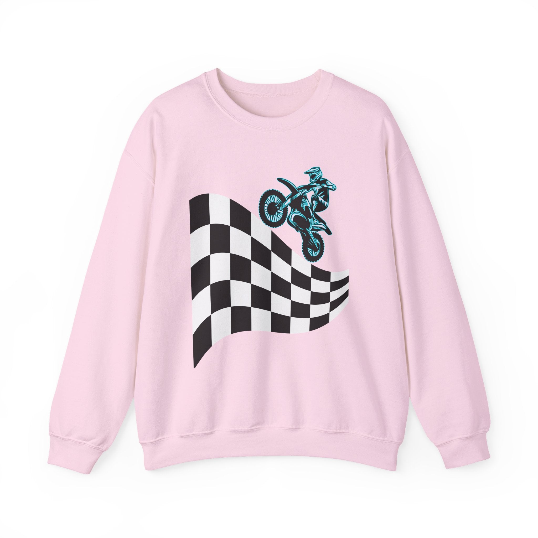 Light pink sweatshirt with a checkered flag and motocross design on a white background