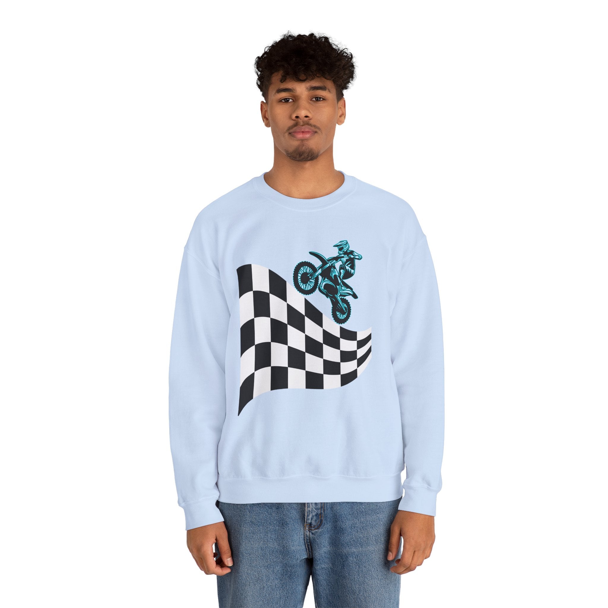 Light blue sweatshirt with checkered flag and motorcycle design worn by a person on a white background