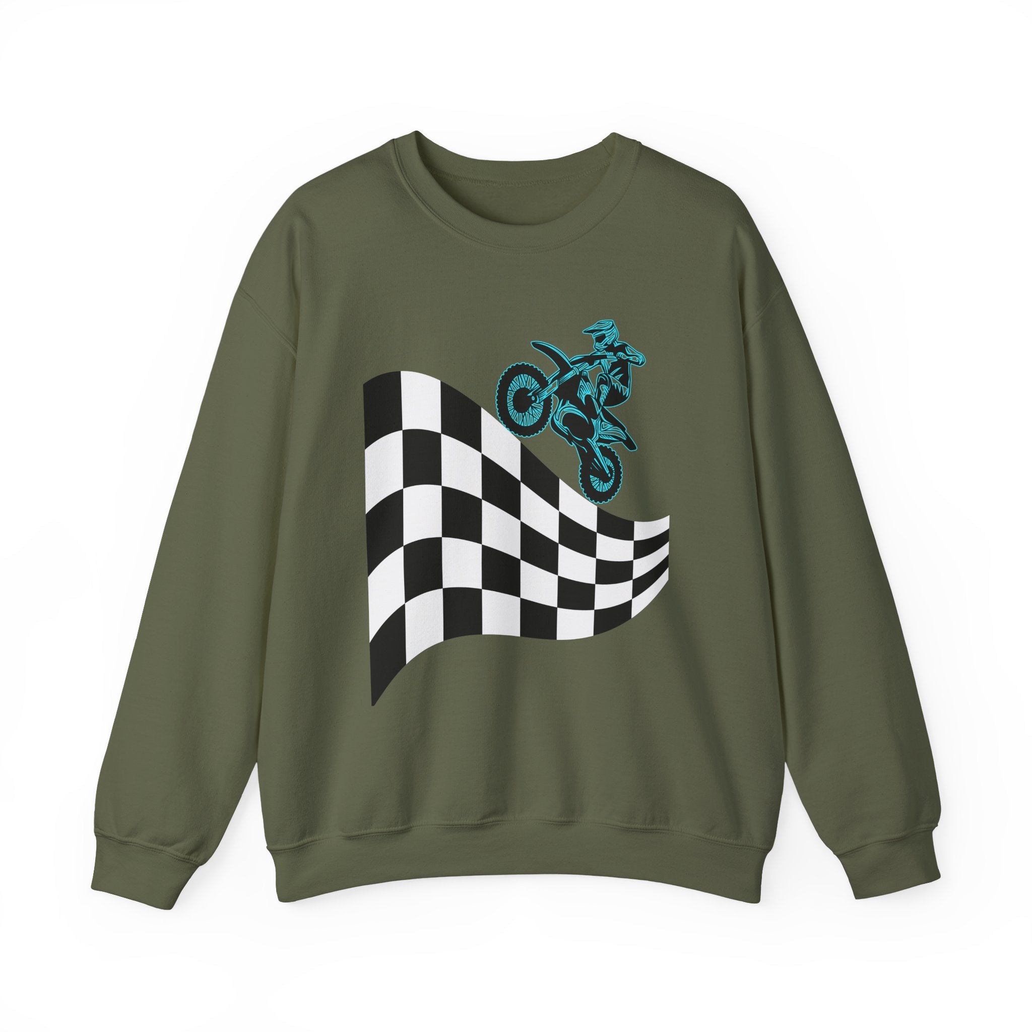 Military green sweatshirt with checkered flag and motocross design on a white background