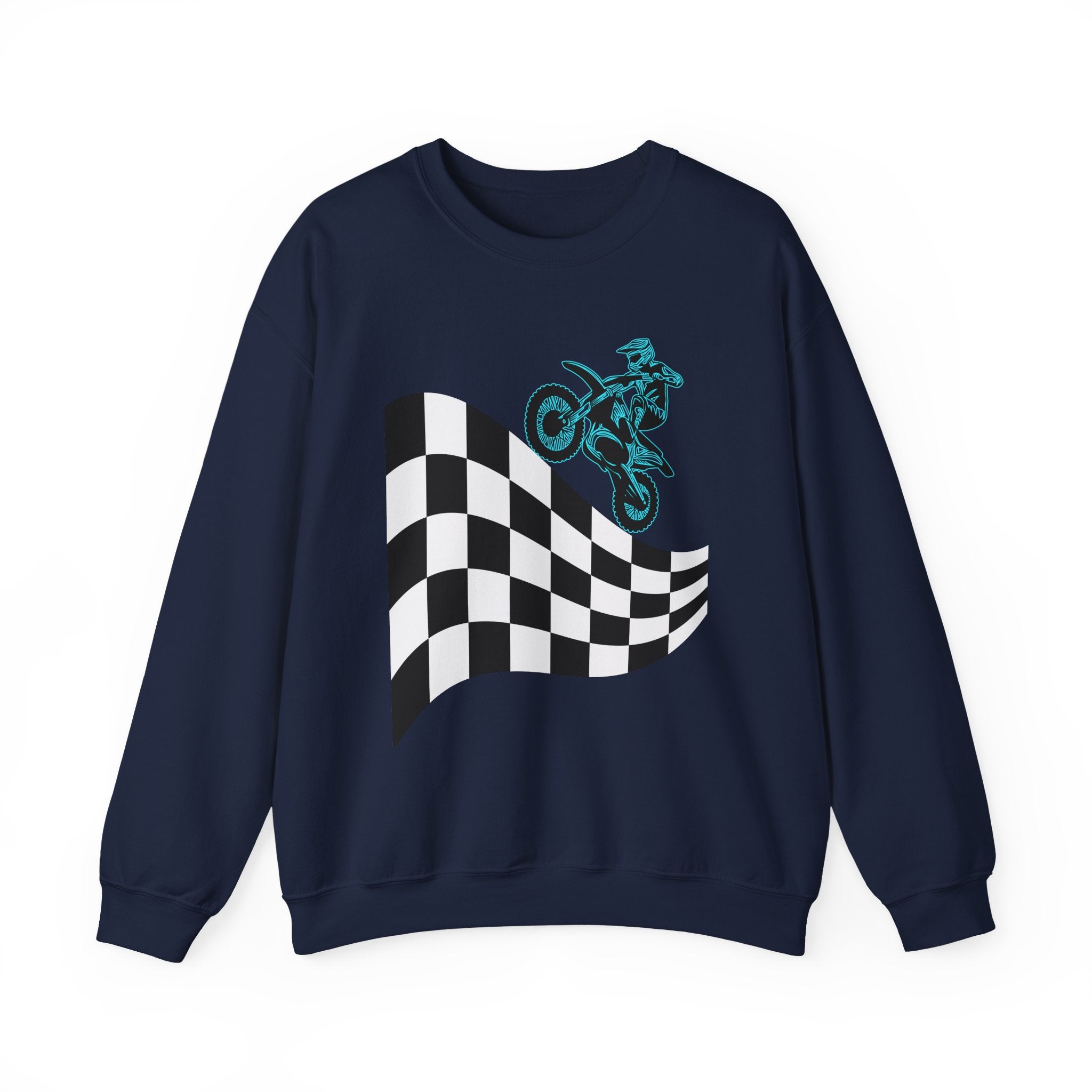 Navy blue sweatshirt with checkered flag and motorcycle graphic on a white background