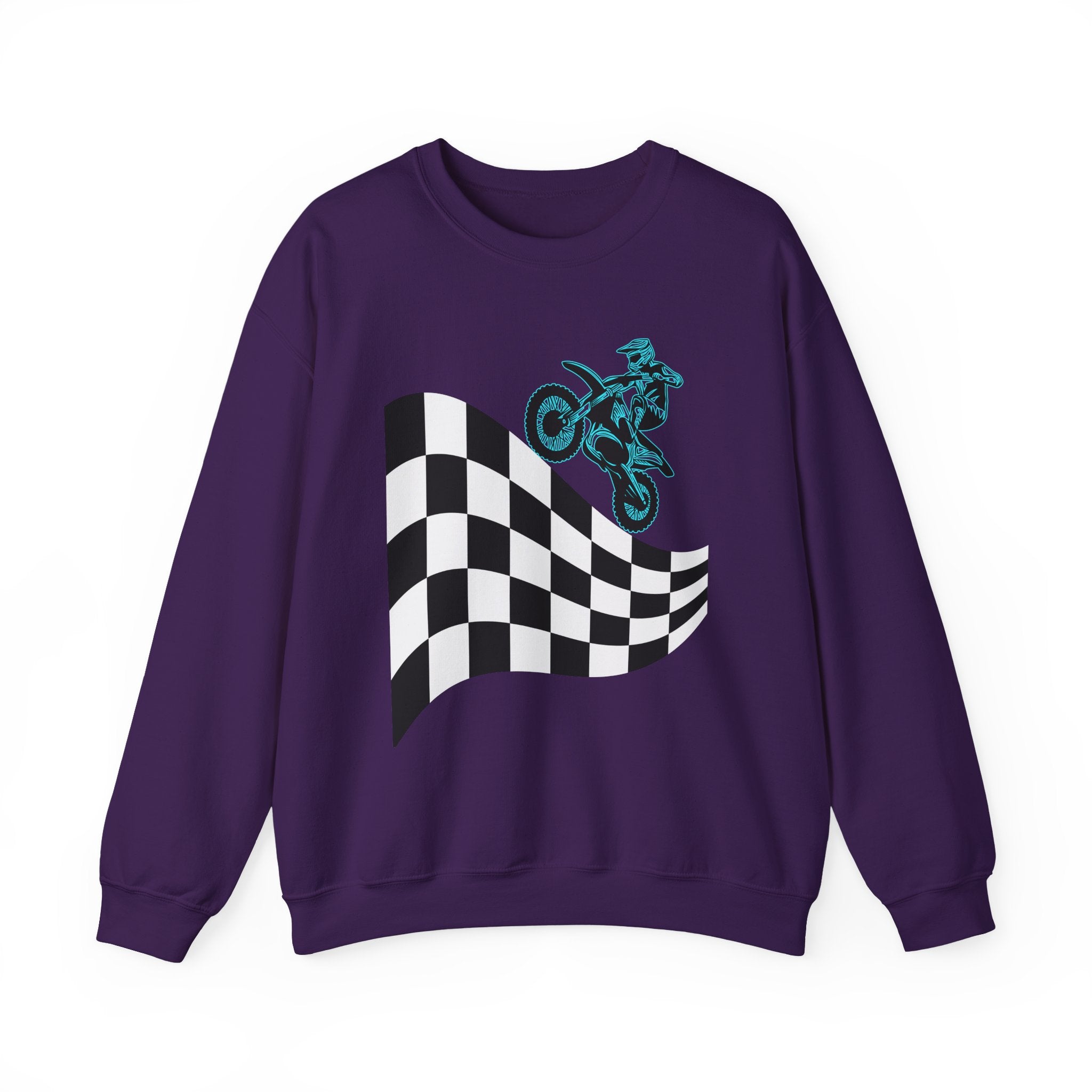 Purple sweatshirt with a checkered flag and motorcycle graphic on a white background