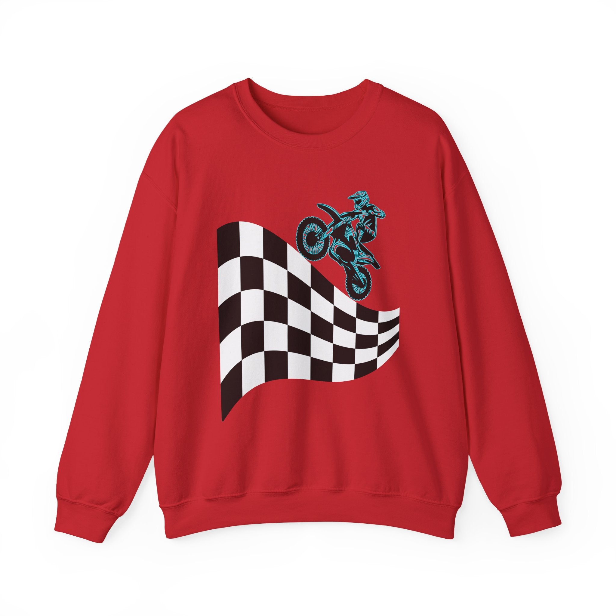 Red sweatshirt with a checkered flag and motorcycle graphic on a white background