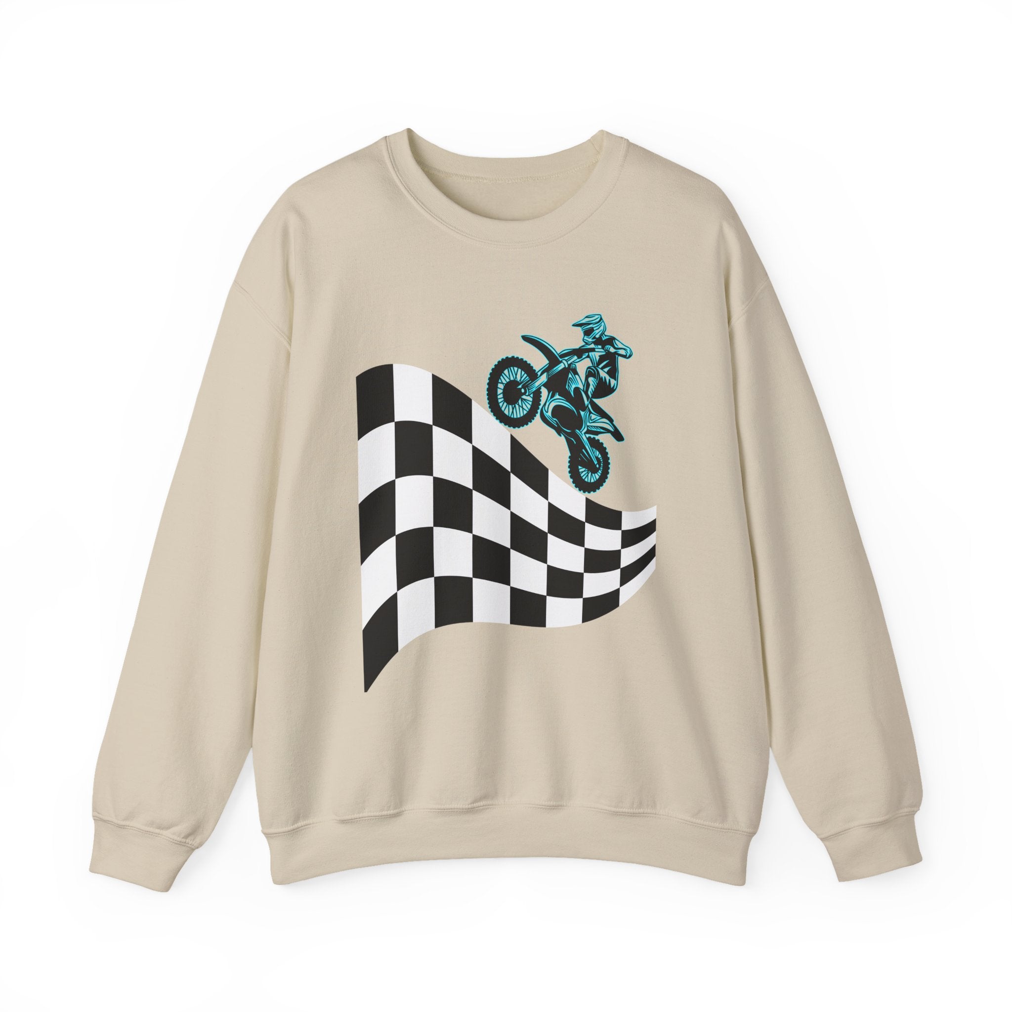Beige sweatshirt with a checkered flag and motocross bike design on a white background