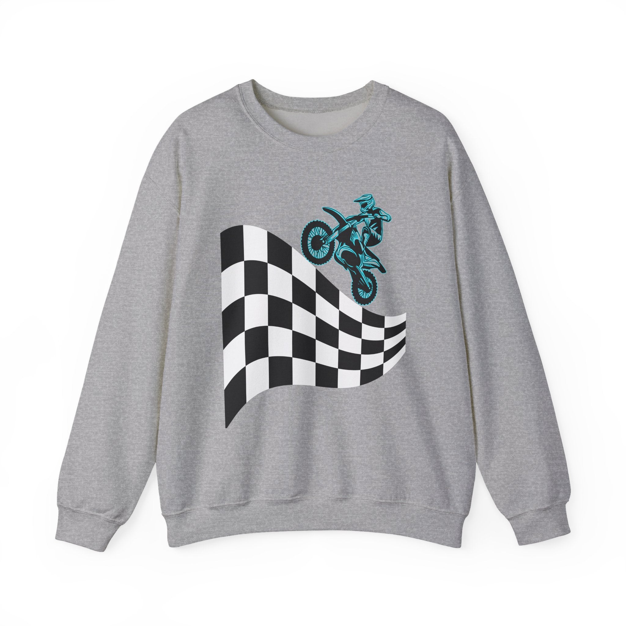 Gray sweatshirt with a checkered flag and motocross bike design on a white background