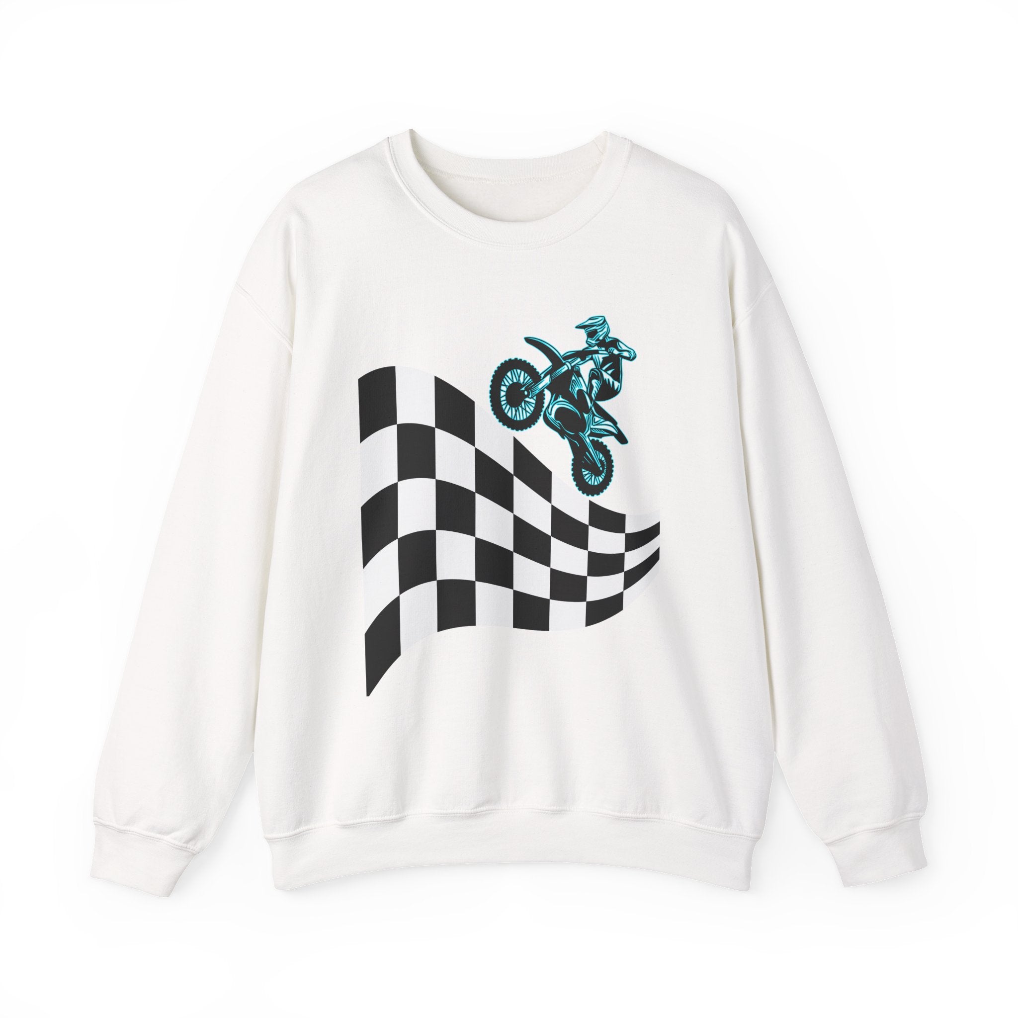White sweatshirt with a checkered flag and motocross design on a white background