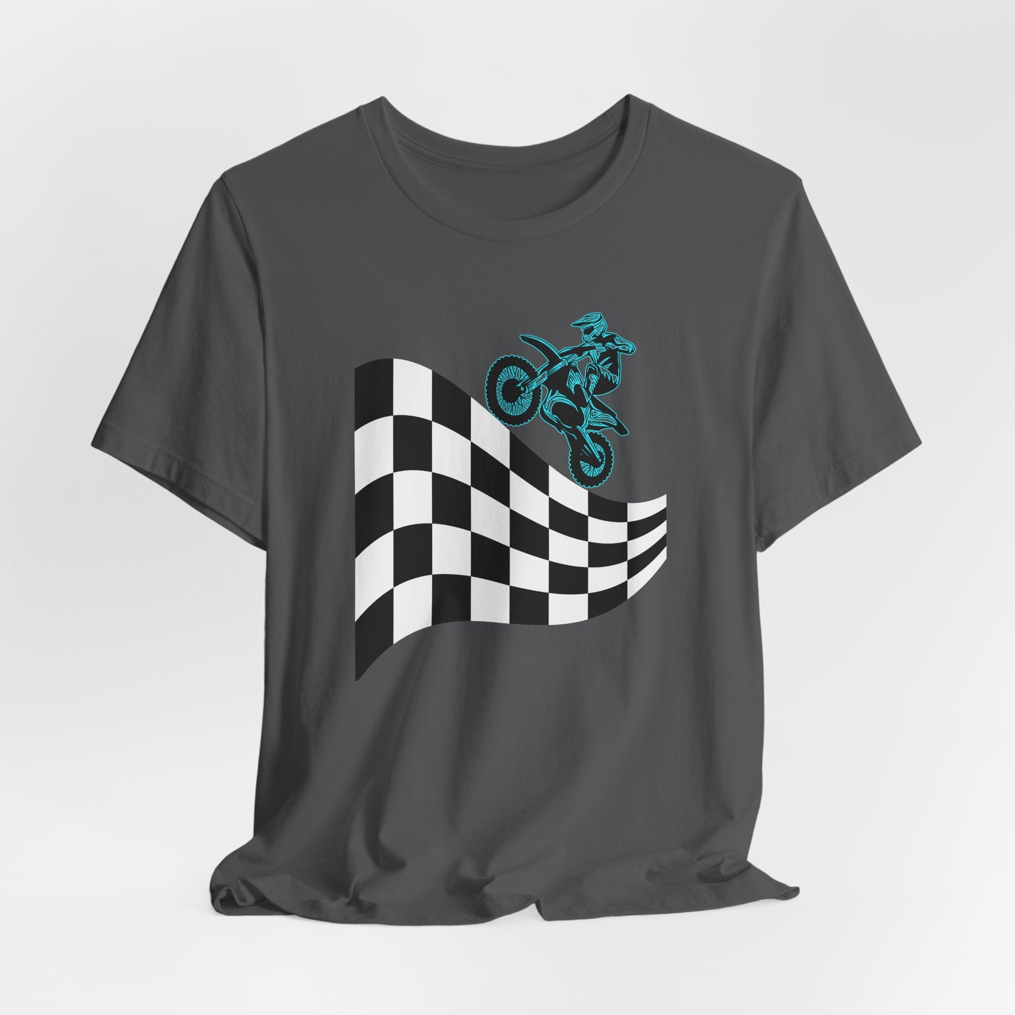 Asphalt gray t-shirt with a checkered flag and motocross dirt bike graphic on a white background