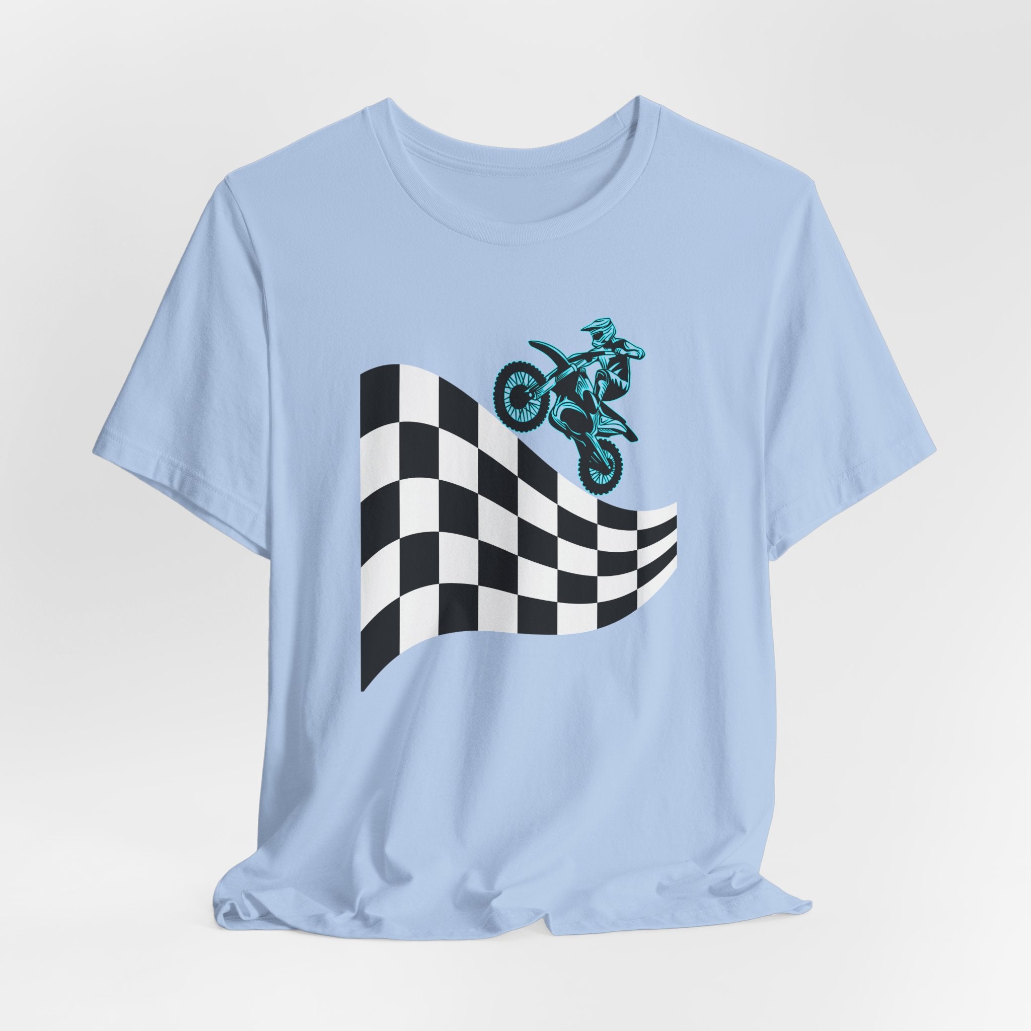 Baby light blue t-shirt with a checkered flag and motocross dirt bike graphic on a white background