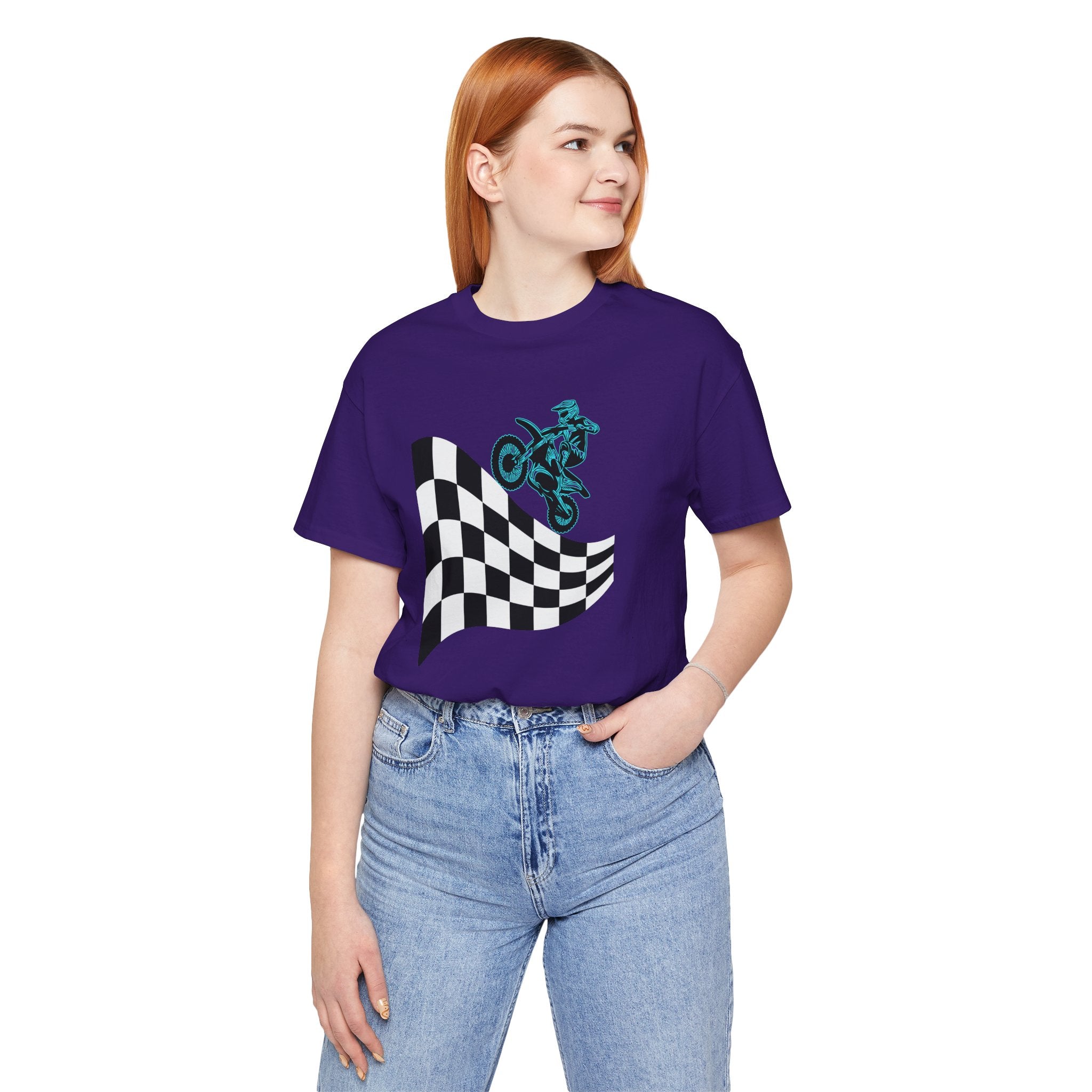 Person wearing a purple t-shirt with a graphic design on a white background