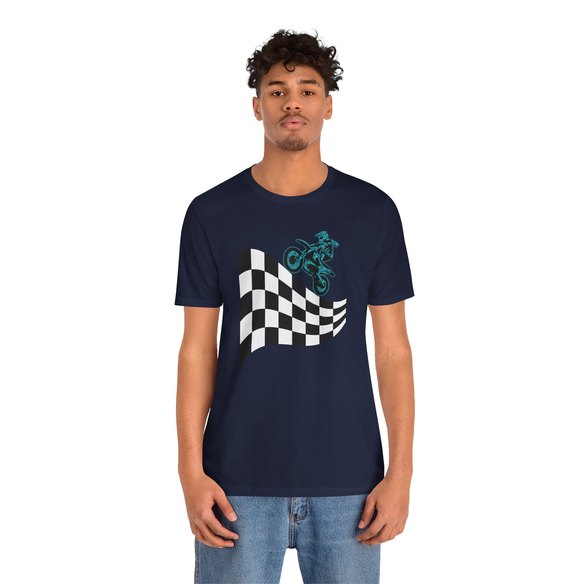 Person wearing a navy blue t-shirt with a graphic design on a white background