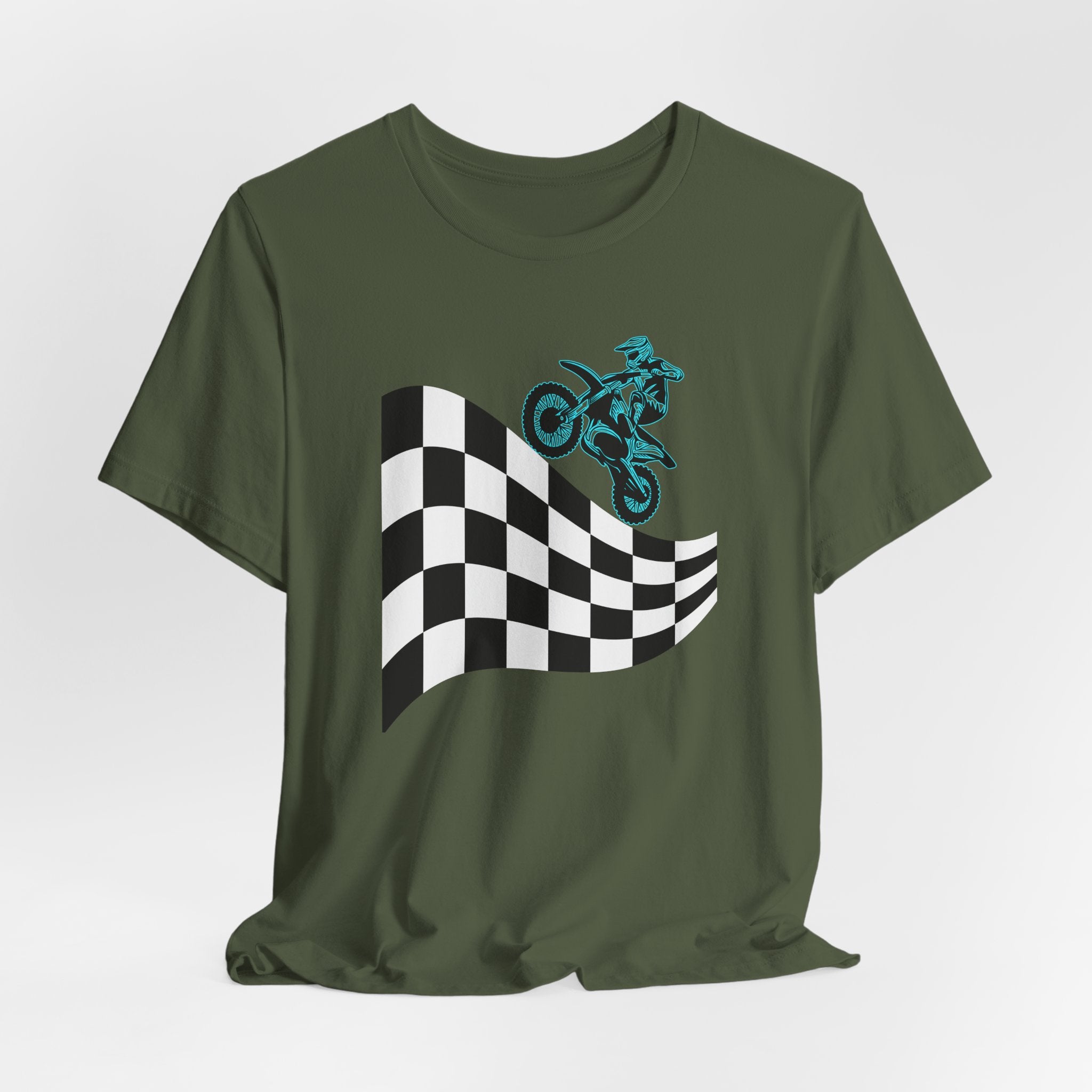 Military green t-shirt with a checkered flag and motocross dirt bike graphic on a white background