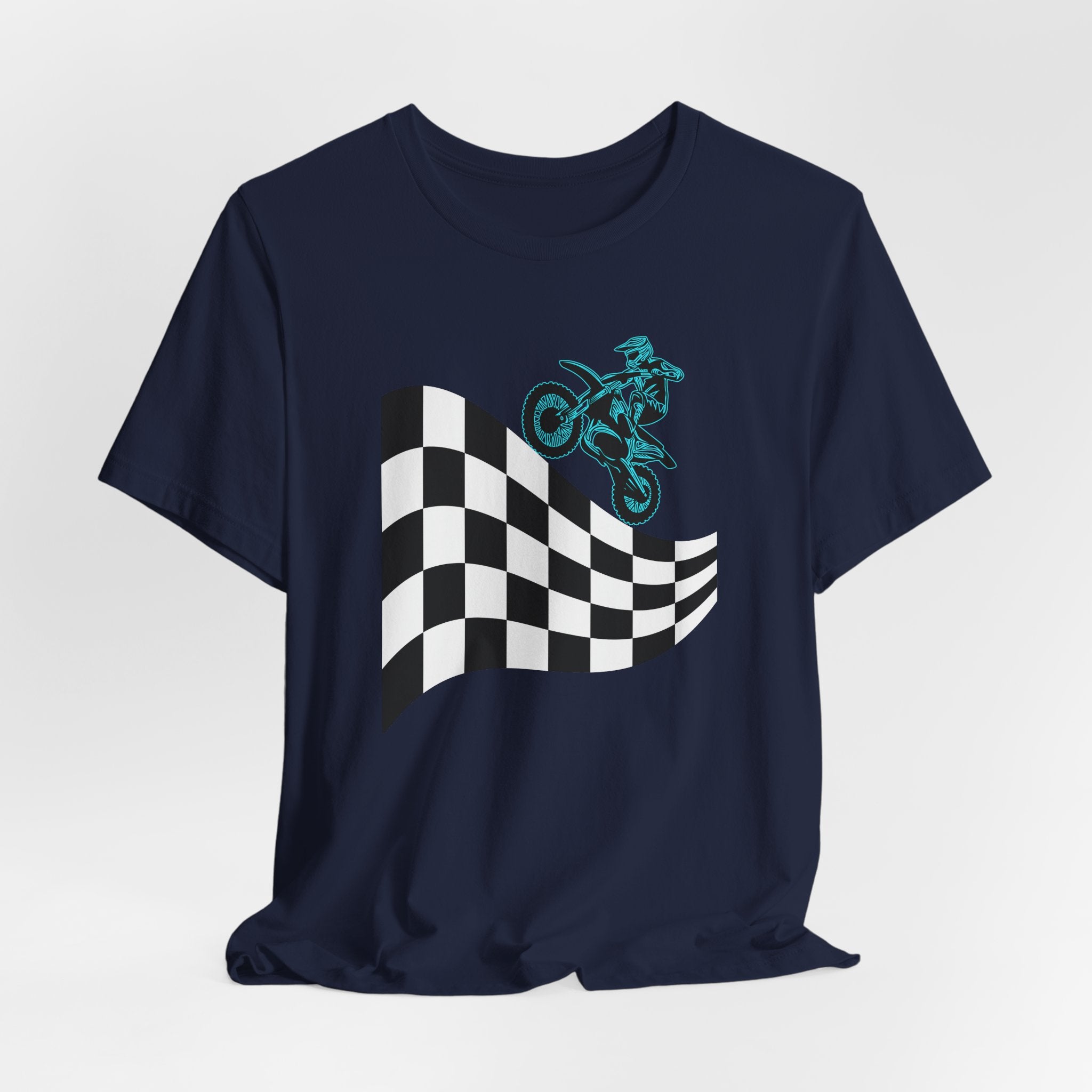 Navy blue t-shirt with a checkered flag and motocross dirt bike graphic on a white background