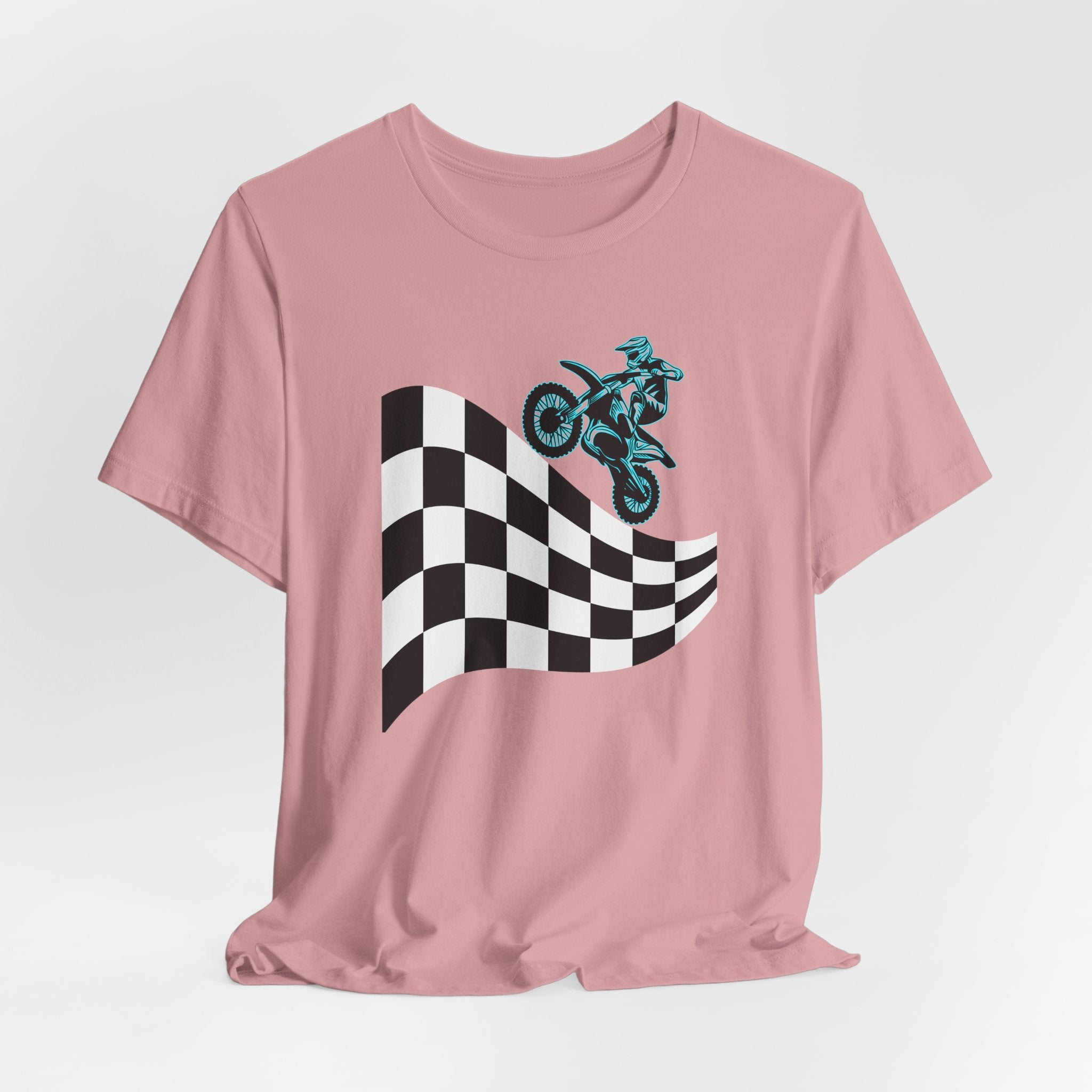 Orchid pink t-shirt with a checkered flag and motocross dirt bike graphic on a white background