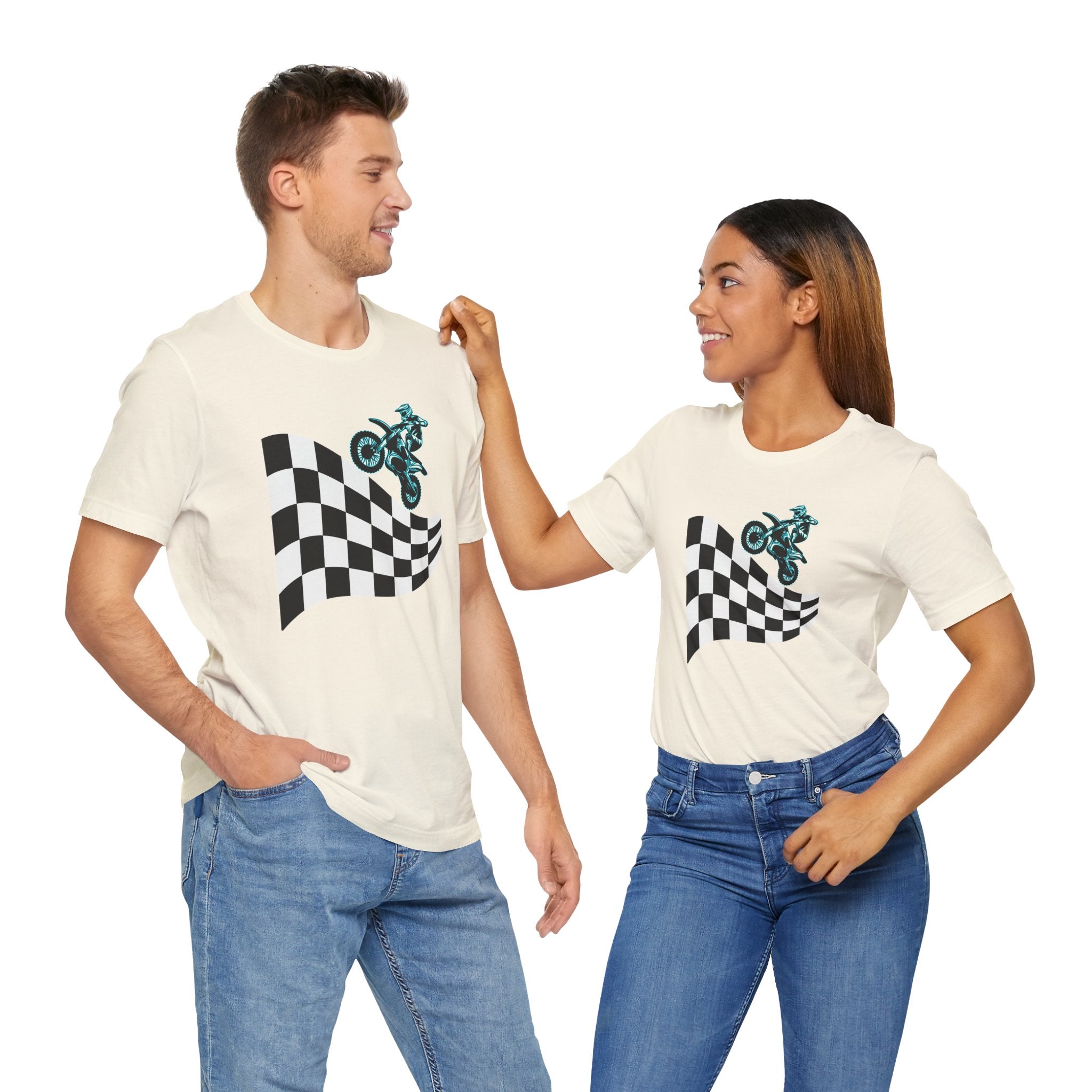 Two people wearing matching t-shirts with a graphic design on a white background