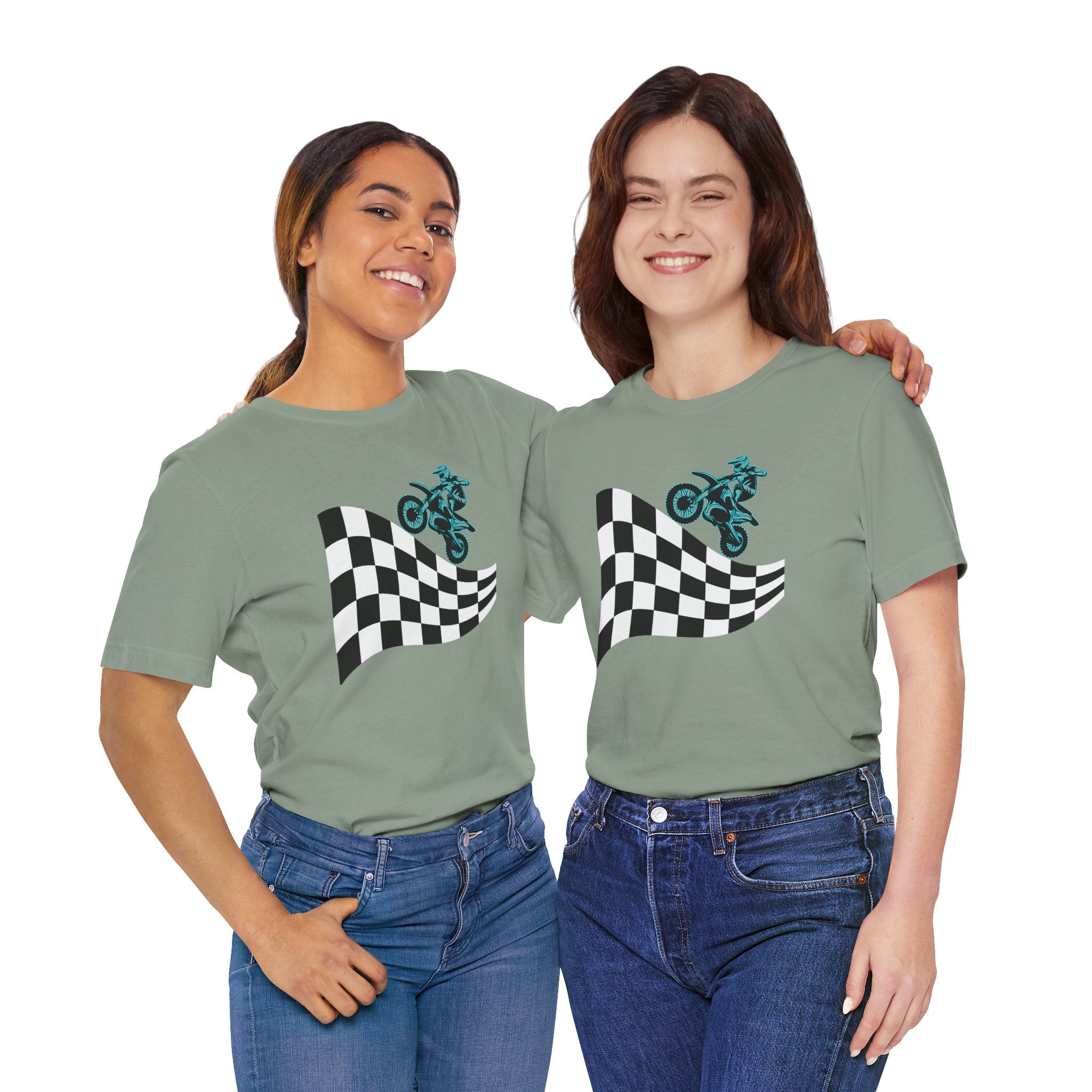 Two people wearing matching green t-shirts with a graphic design on a white background