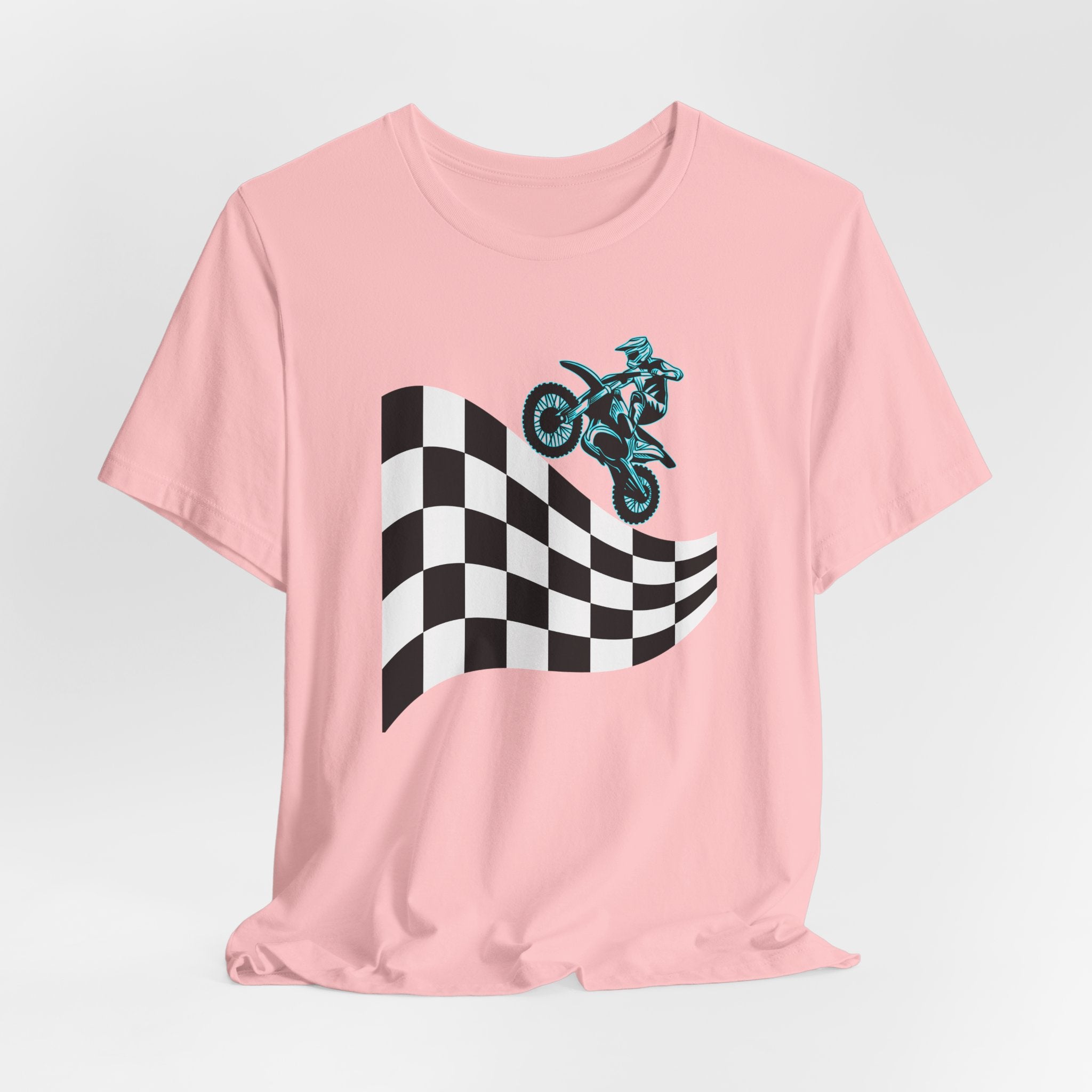 Pink t-shirt with a checkered flag and motocross dirt bike graphic on a white background